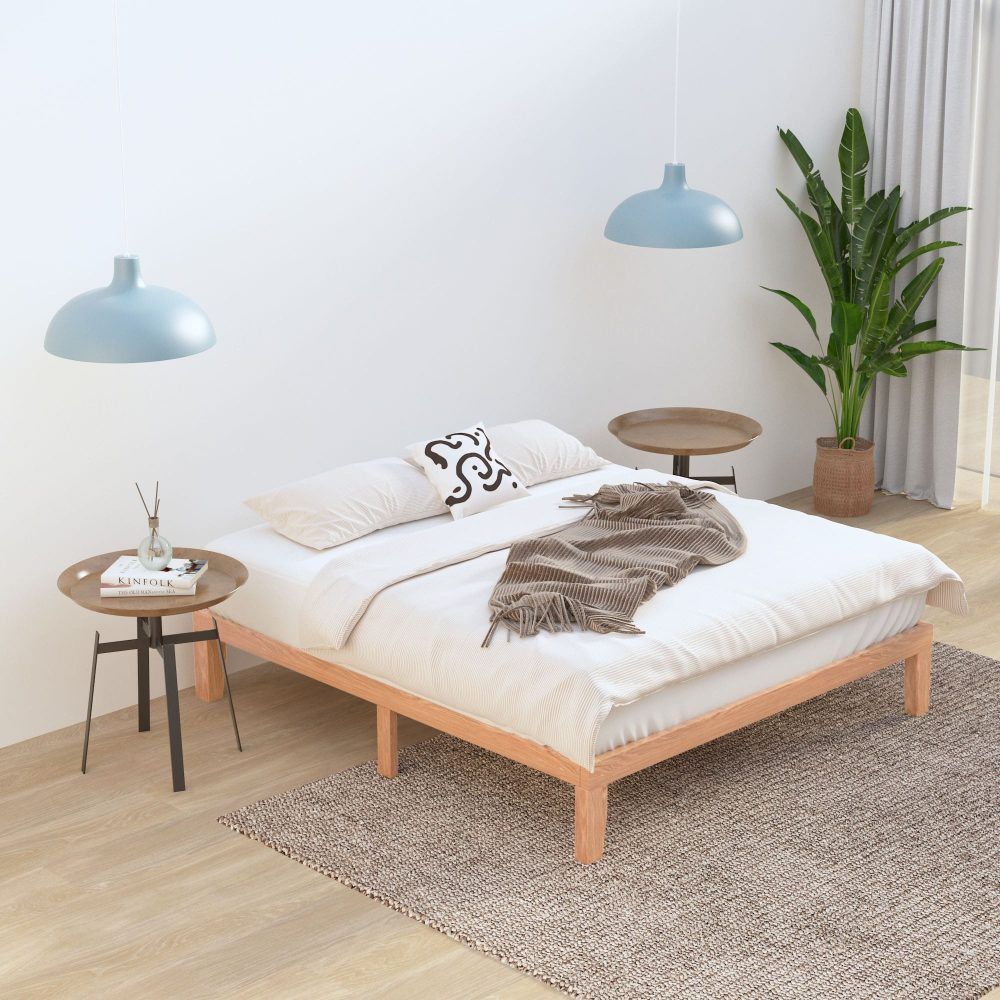 Double Wooden Bed Frame Natural Timber Platform Bed Base with Slats