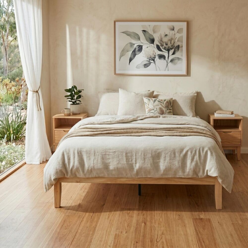 Warm Wooden Natural Bed Base Frame  Queen
