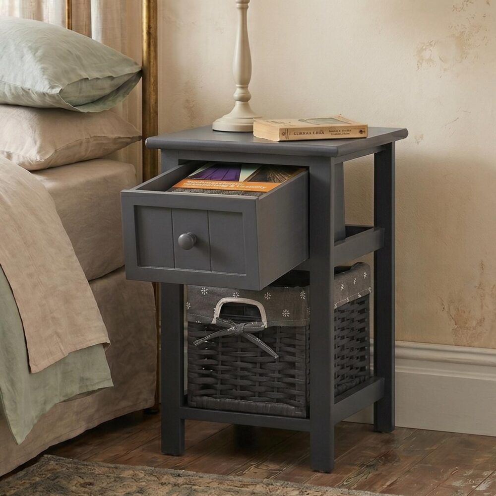 Grey Bedside Table with Wicker Basket