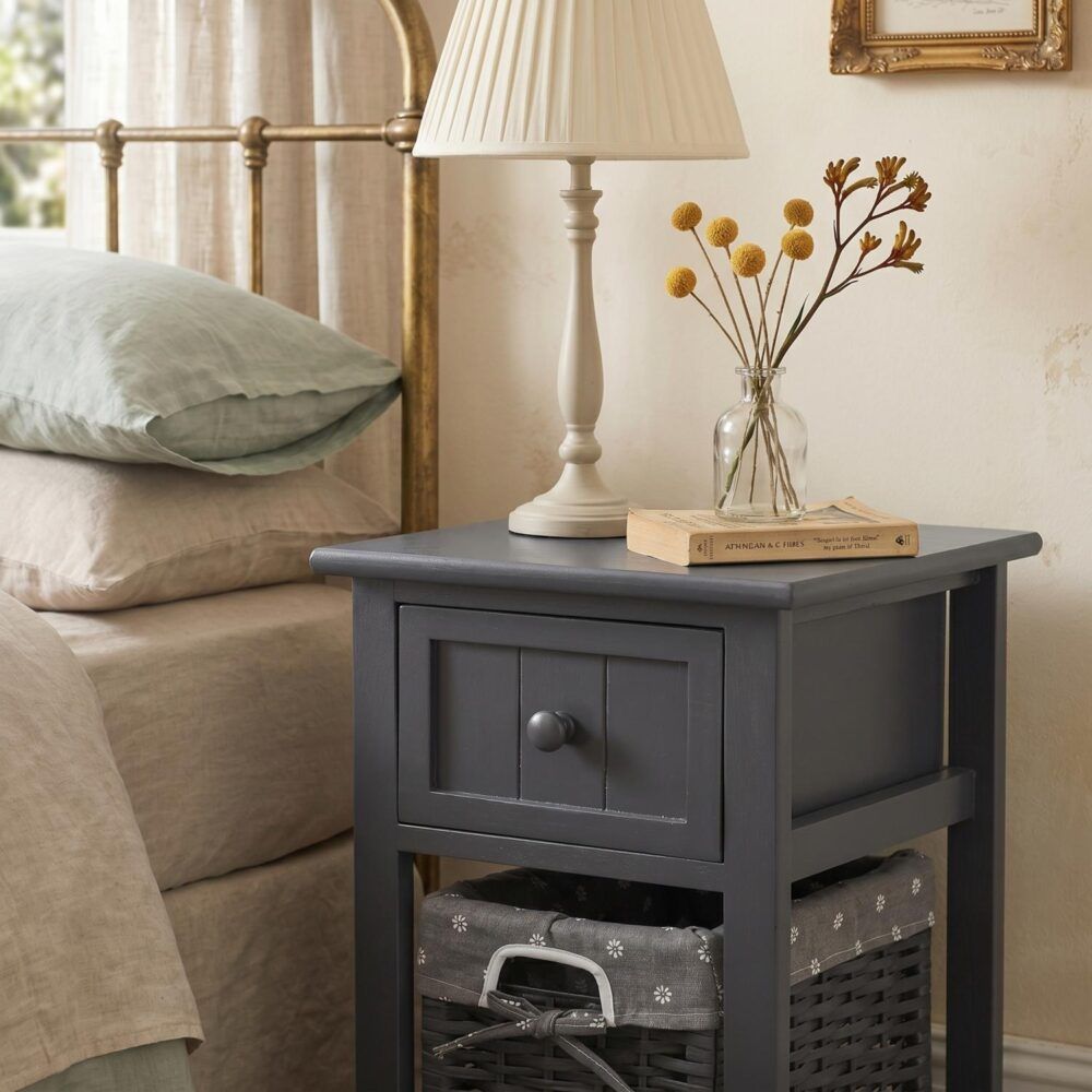 Grey Bedside Table with Wicker Basket