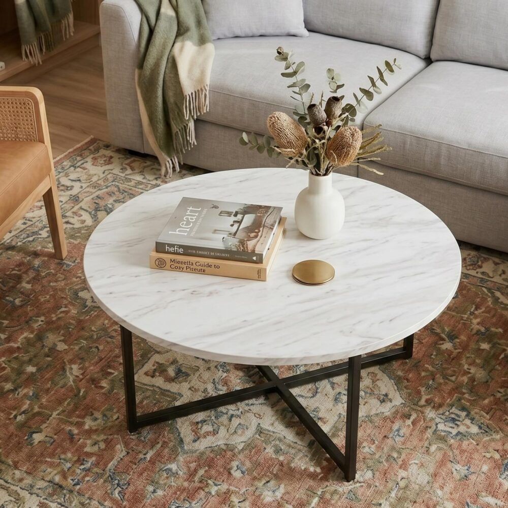 Round Coffee Table with White Marble Effect Top and Black Steel Legs, MDF