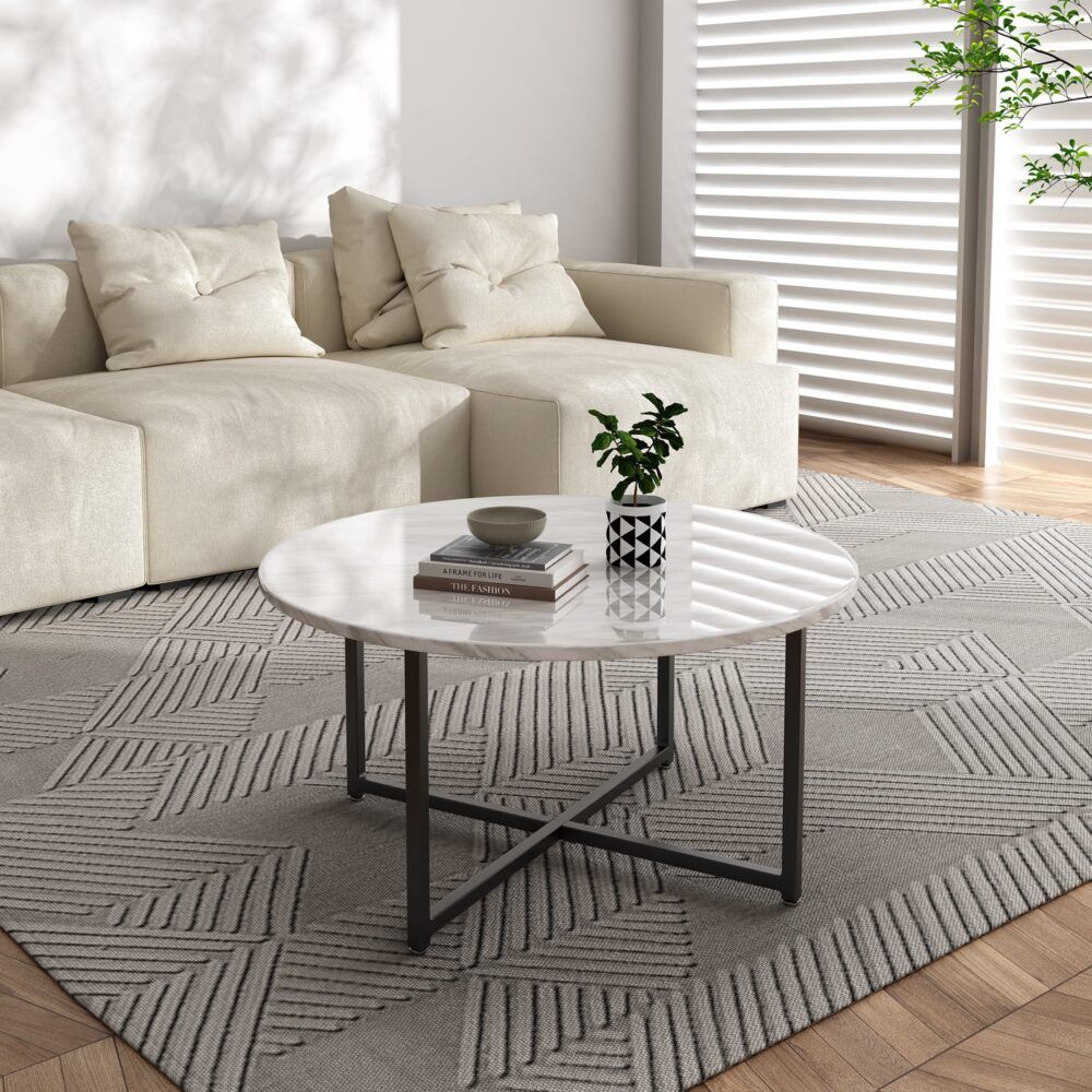 Round Coffee Table with White Marble Effect Top and Black Steel Legs, MDF