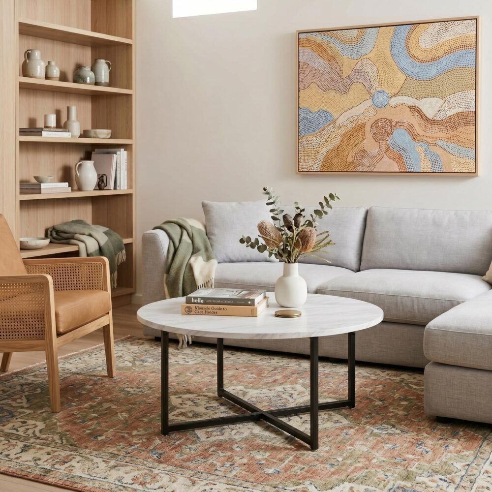 Round Coffee Table with White Marble Effect Top and Black Steel Legs, MDF