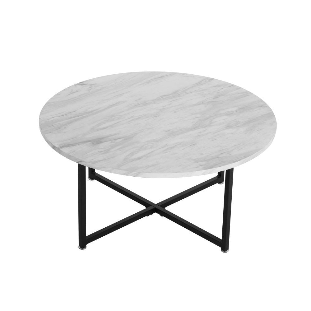 Round Coffee Table with White Marble Effect Top and Black Steel Legs, MDF