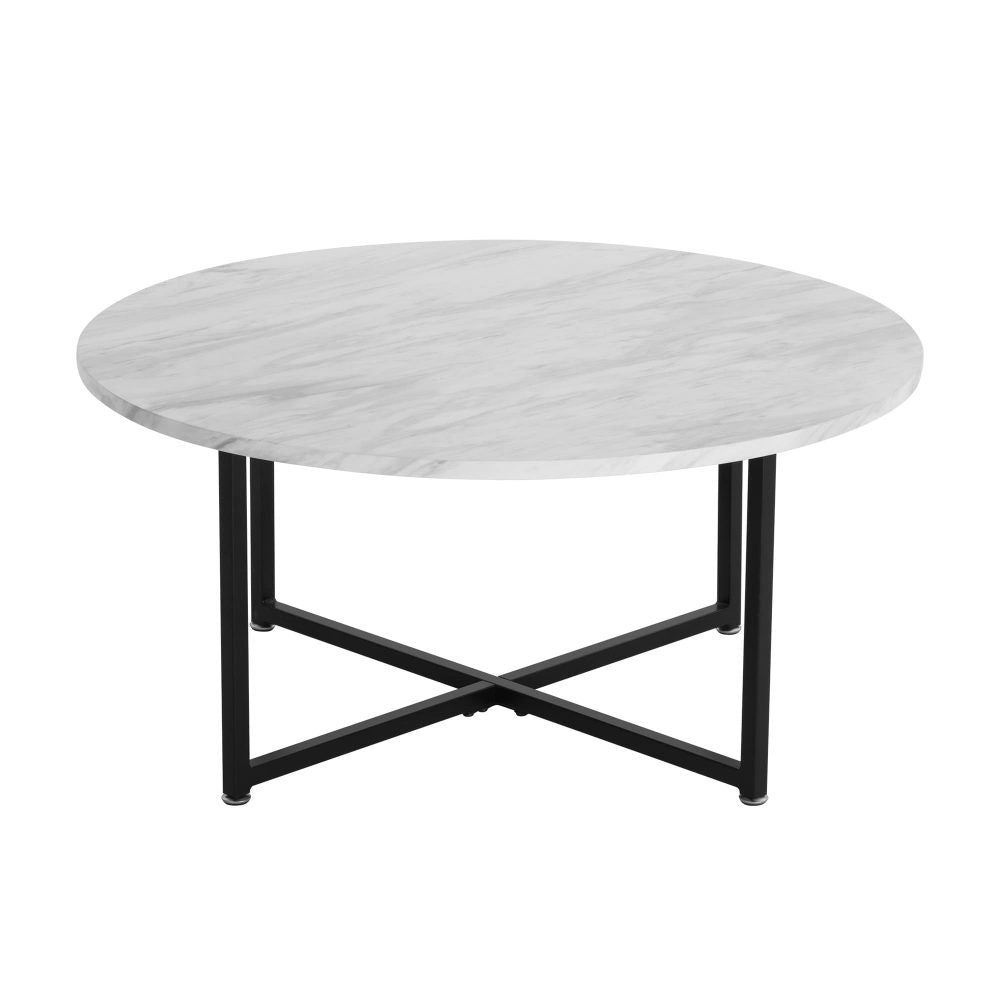 Round Coffee Table with White Marble Effect Top and Black Steel Legs, MDF