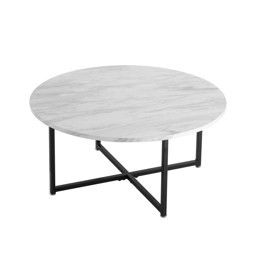 Round Coffee Table with White Marble Effect Top and Black Steel Legs, MDF