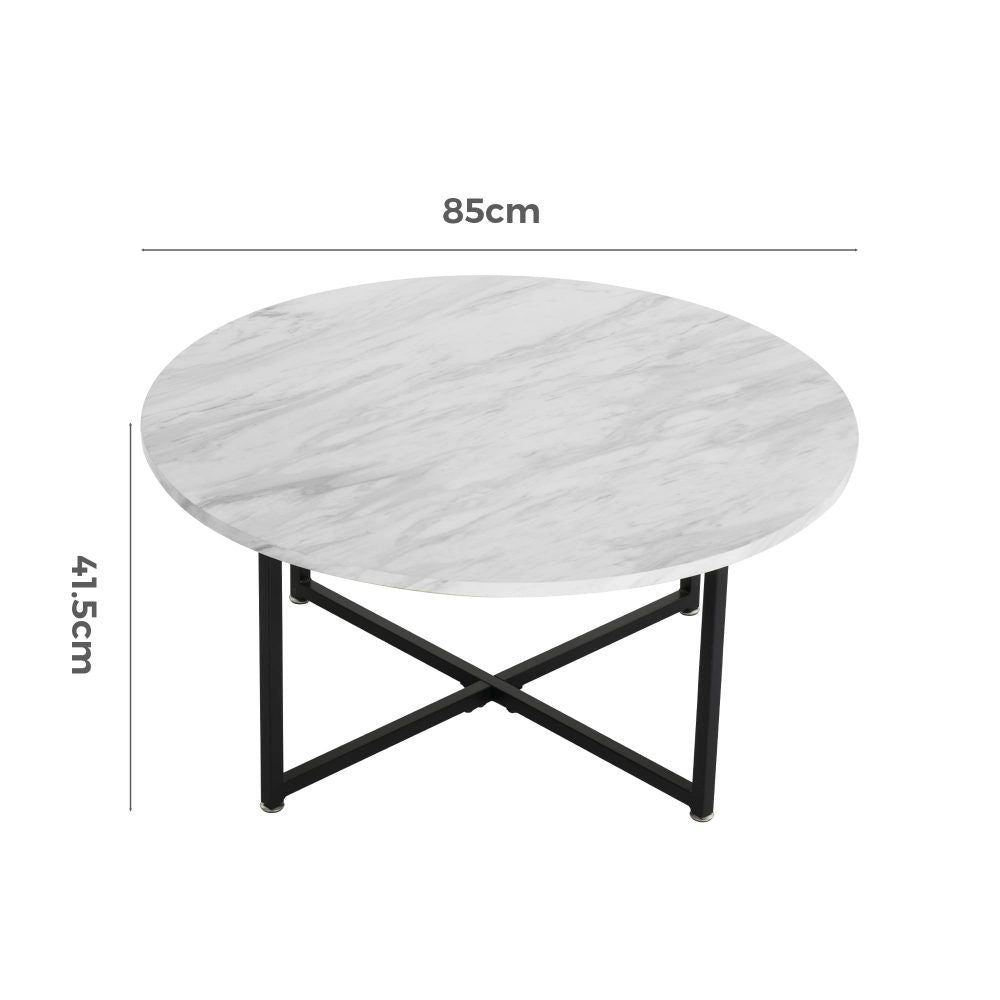 Round Coffee Table with White Marble Effect Top and Black Steel Legs, MDF