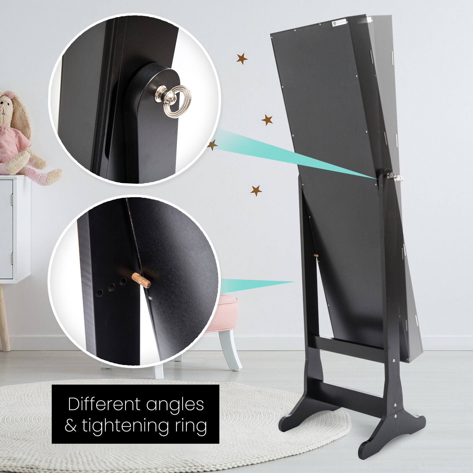 Mirror Jewellery Cabinet Organiser 2 Drawers LOWE 146cm BLACK