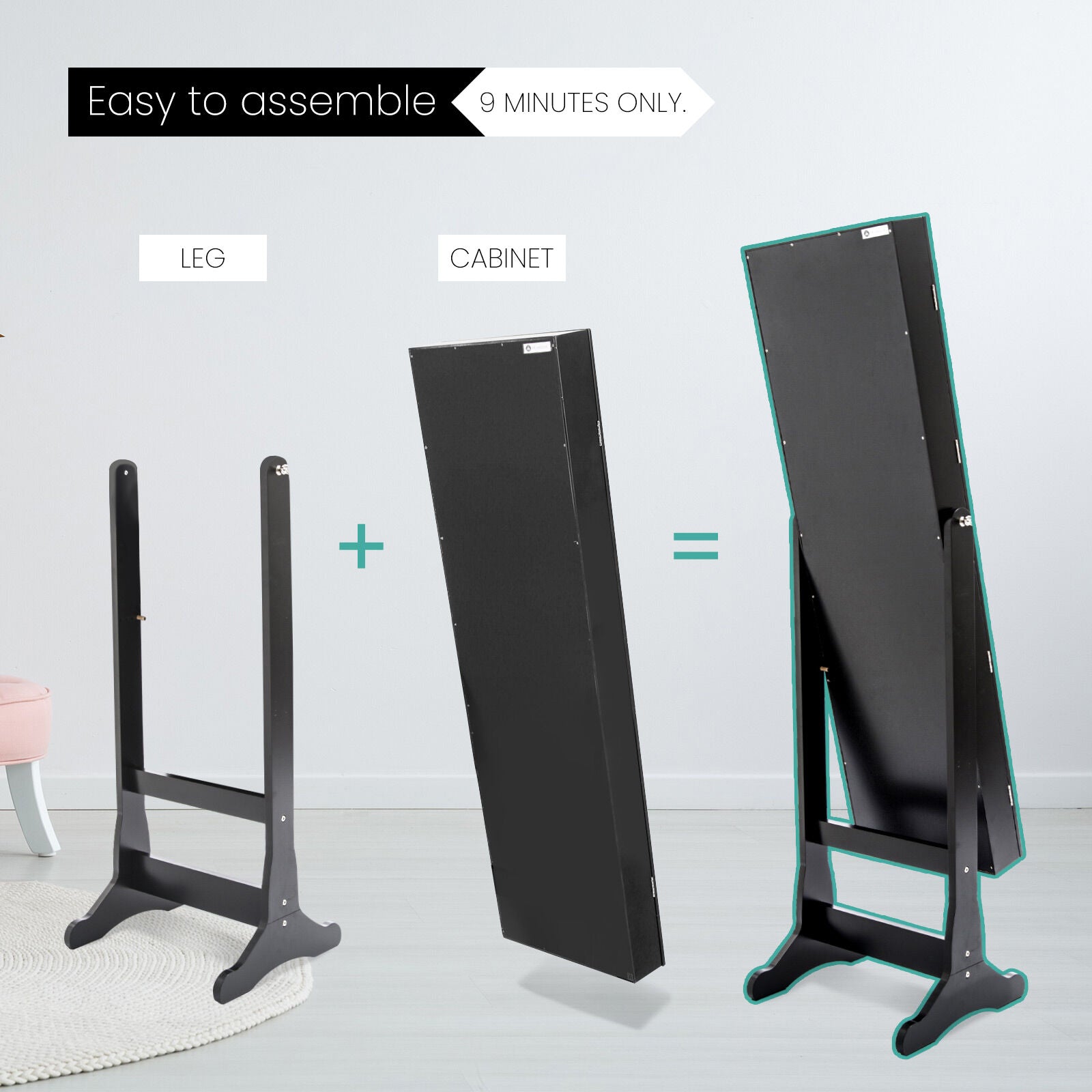 Mirror Jewellery Cabinet Organiser 2 Drawers LOWE 146cm BLACK