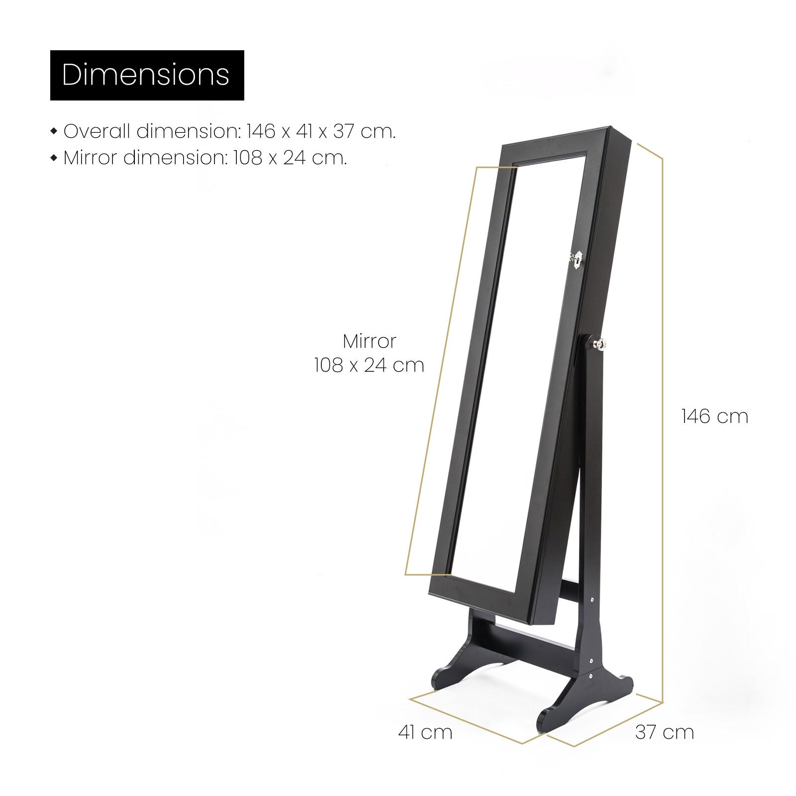 Mirror Jewellery Cabinet Organiser 2 Drawers LOWE 146cm BLACK