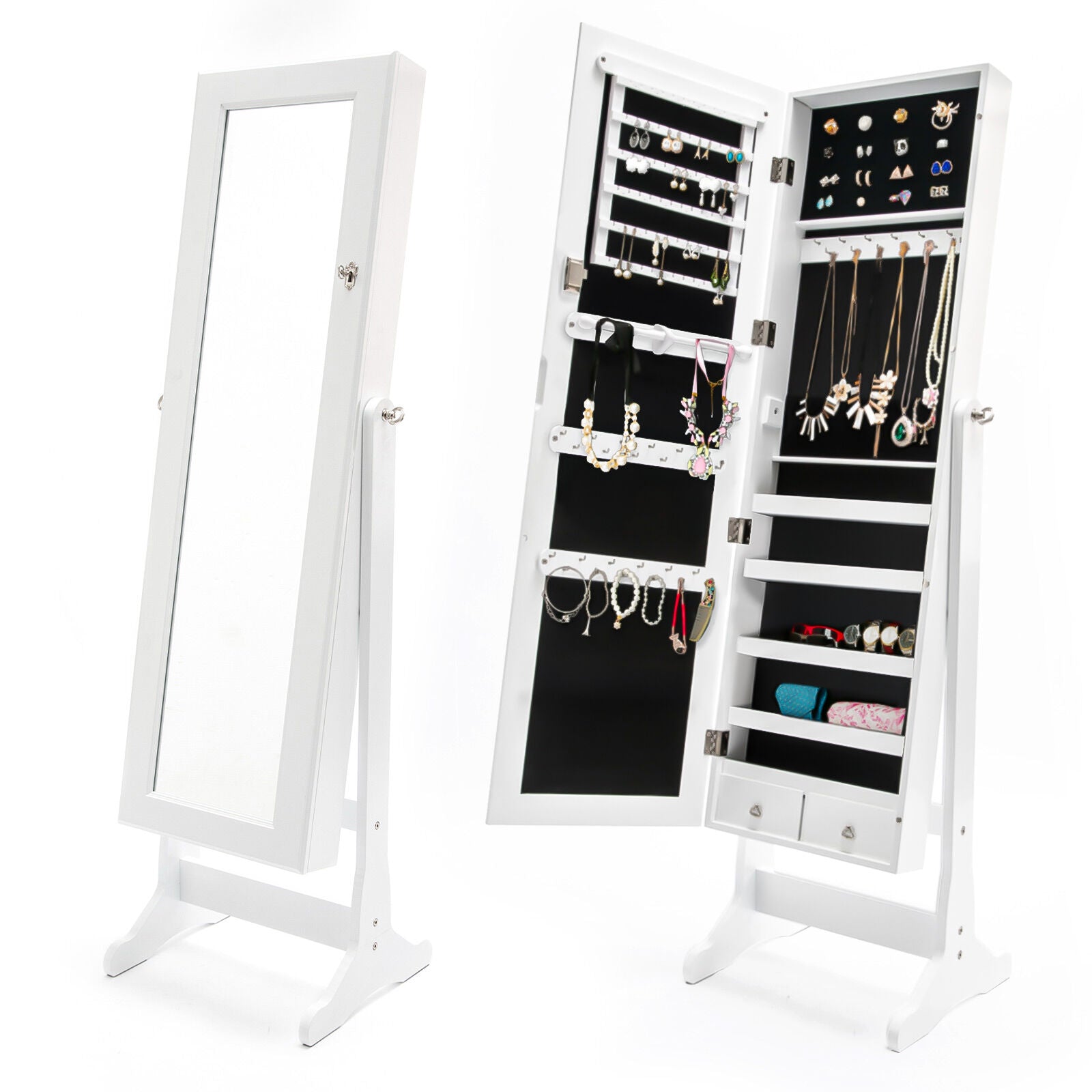 Mirror Jewellery Cabinet Organiser 2 Drawers LOWE 146cm WHITE