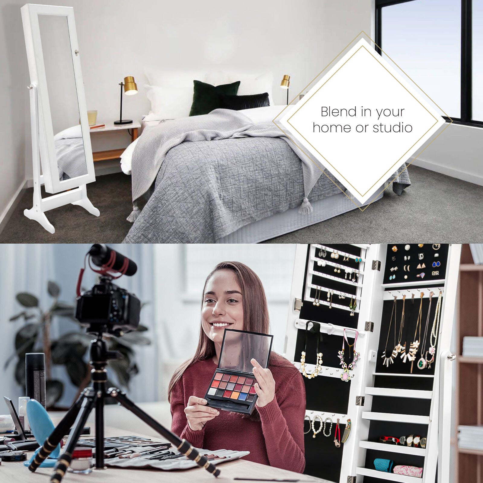 Mirror Jewellery Cabinet Organiser 2 Drawers LOWE 146cm WHITE