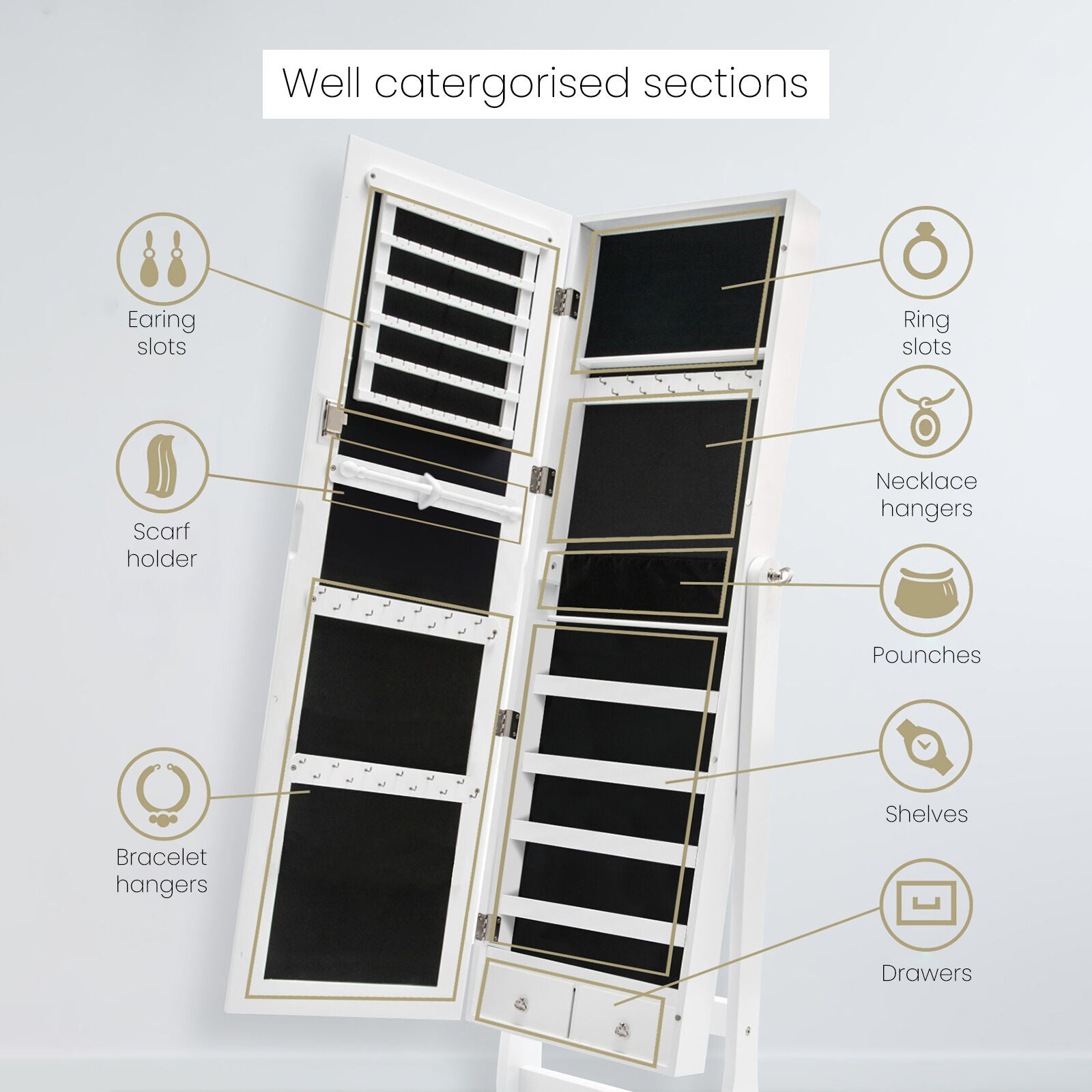 Mirror Jewellery Cabinet Organiser 2 Drawers LOWE 146cm WHITE