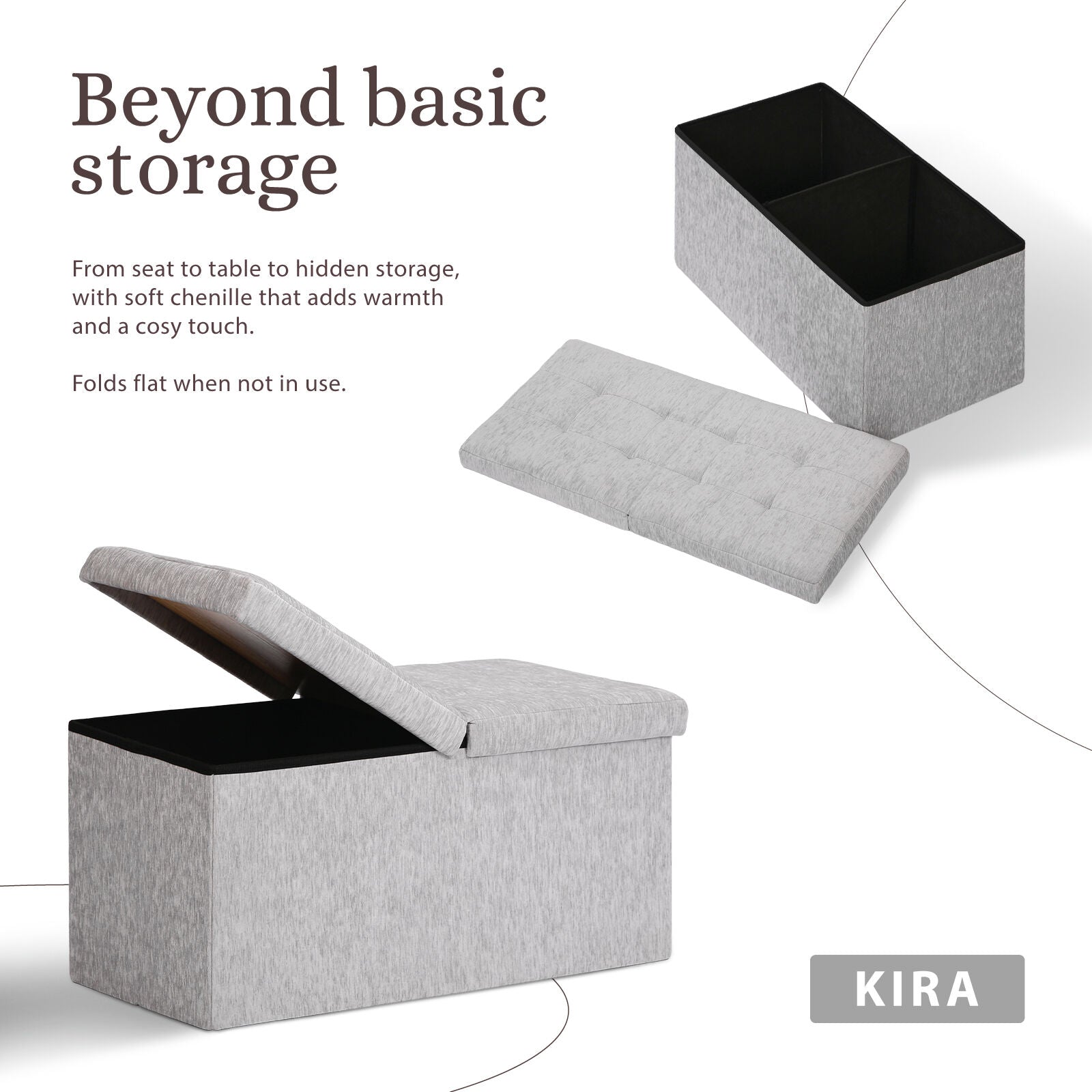 Foldable Storage Ottoman - Flip Lid Side Table Toy Blanket Organiser Seat KIRA GREY
