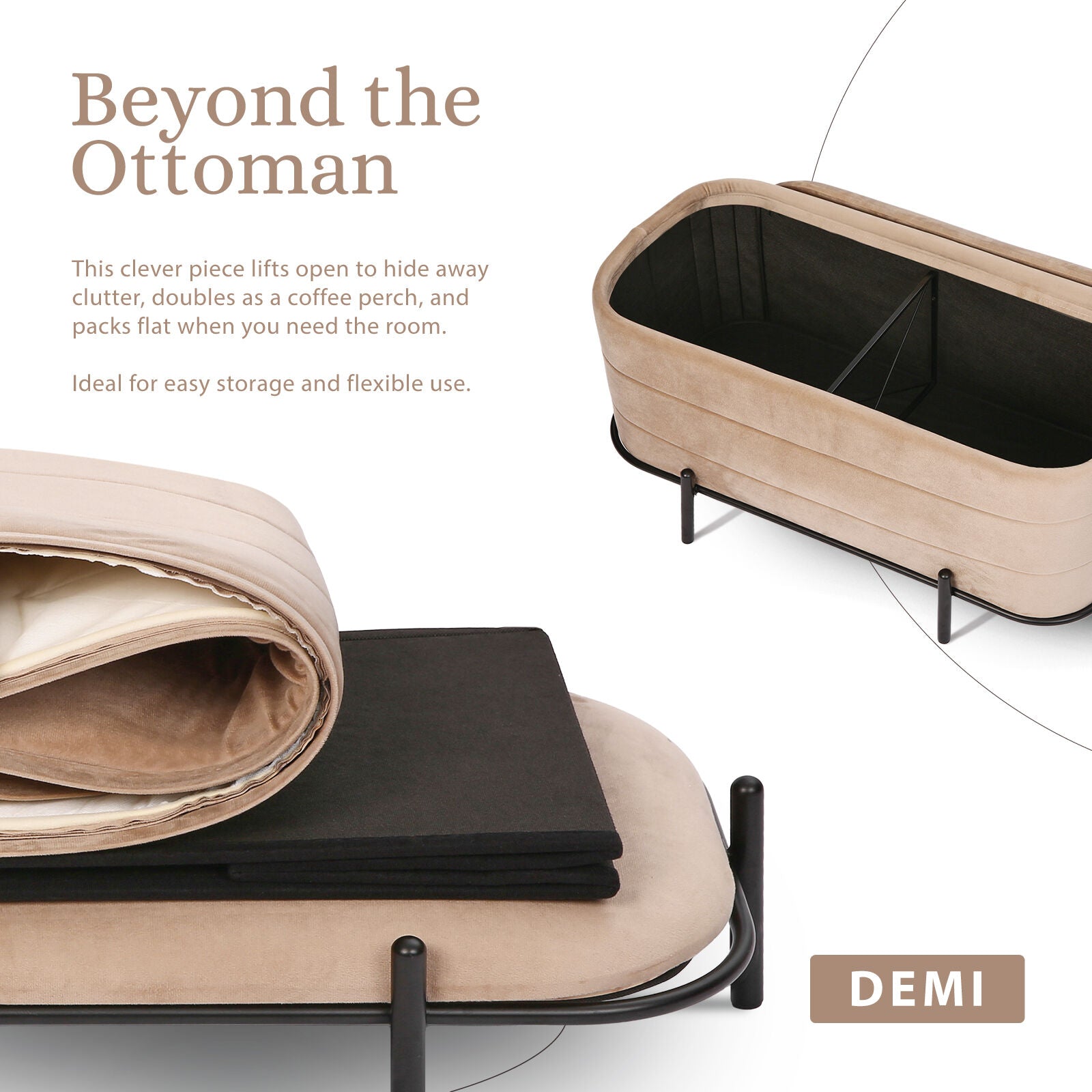 Coffee Table Storage Ottoman - Velvet Blanket Box Bench DEMI - CAMEL BEIGE
