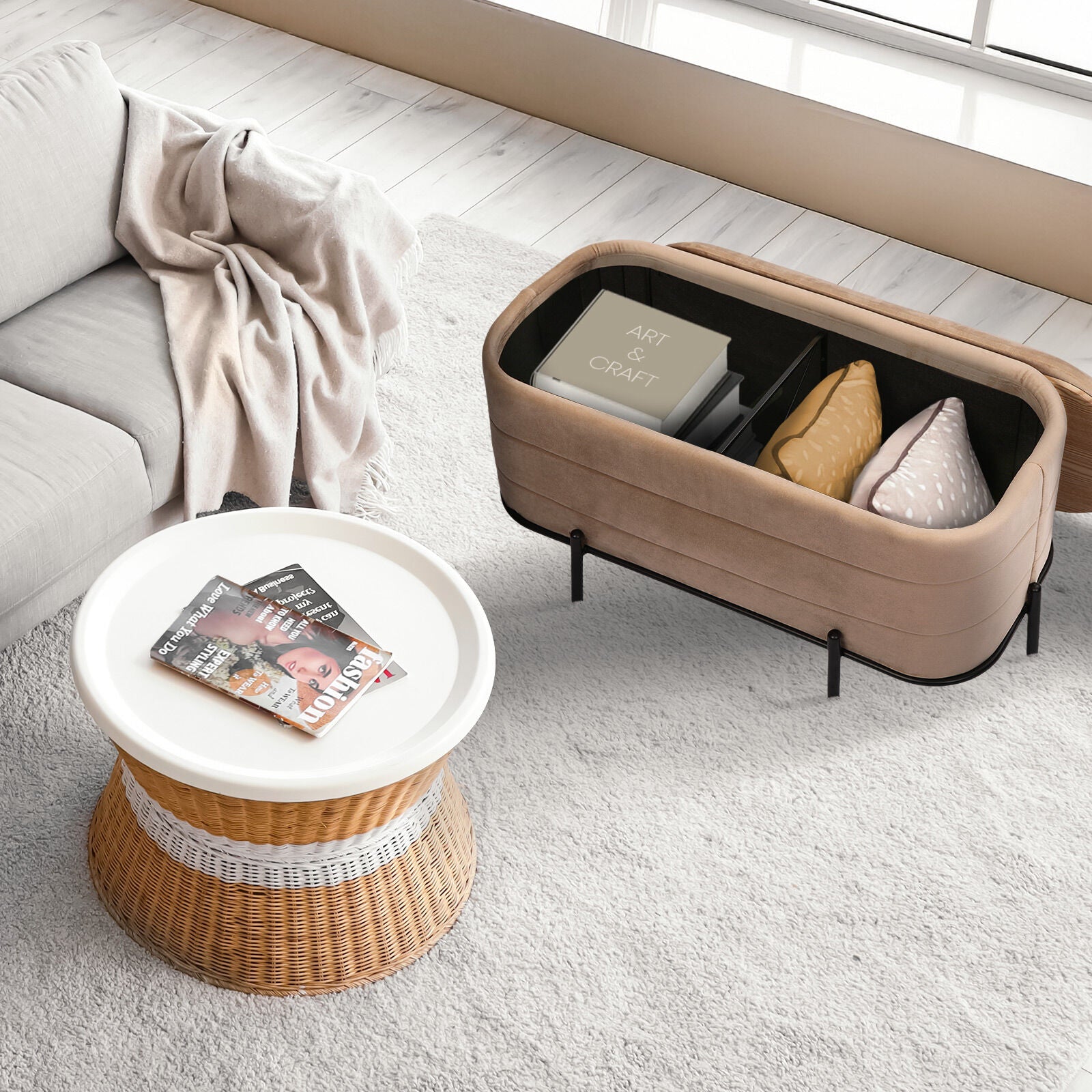 Coffee Table Storage Ottoman - Velvet Blanket Box Bench DEMI - CAMEL BEIGE