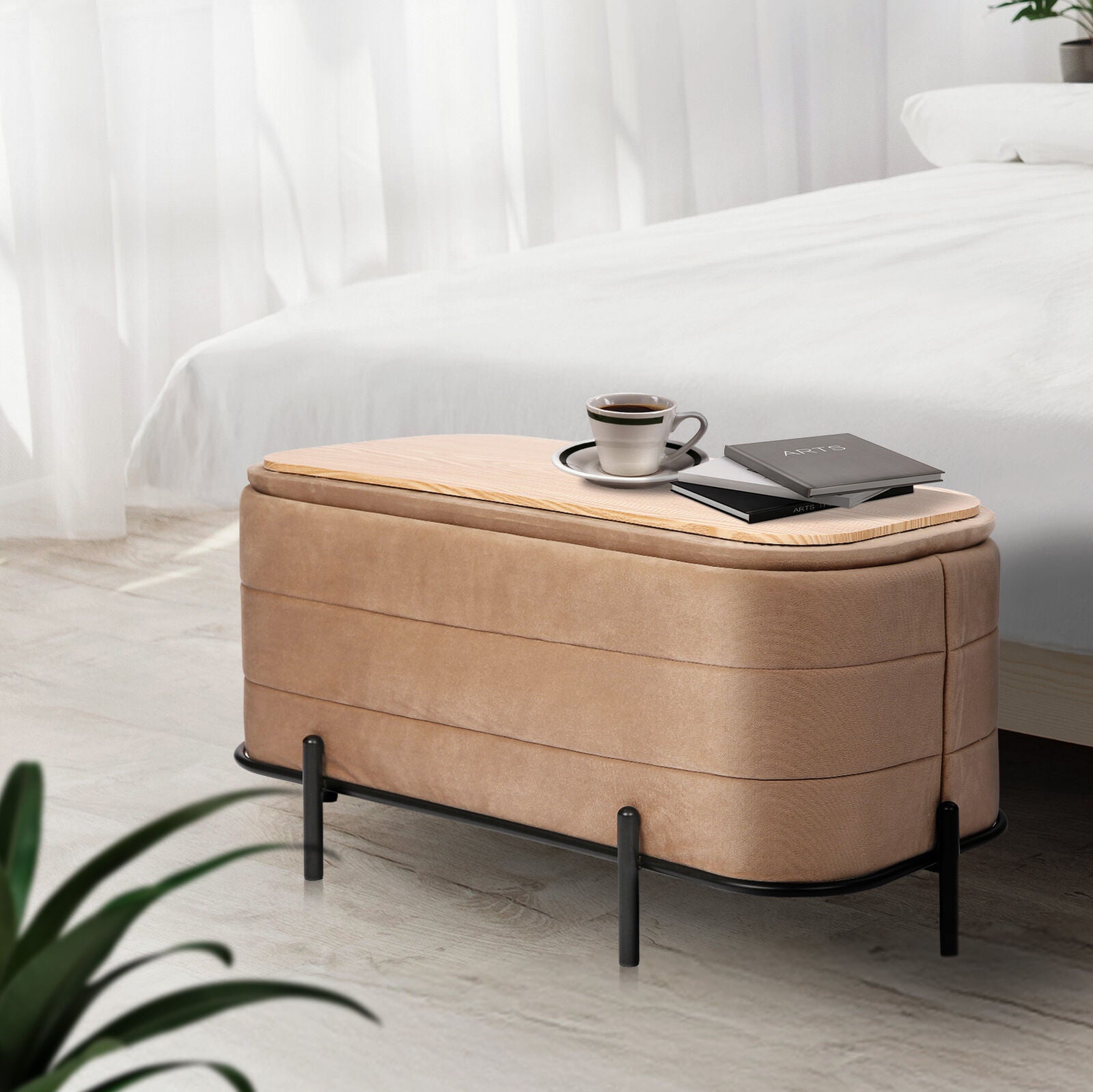 Coffee Table Storage Ottoman - Velvet Blanket Box Bench DEMI - CAMEL BEIGE