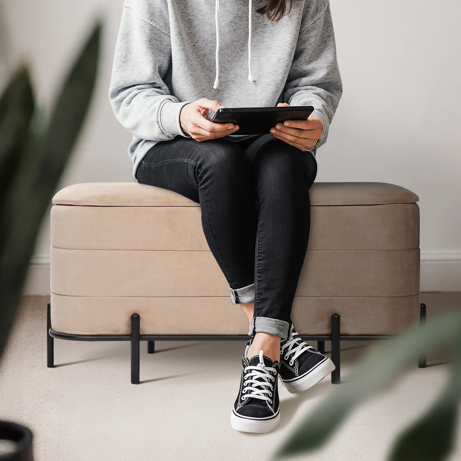 Coffee Table Storage Ottoman - Velvet Blanket Box Bench DEMI - CAMEL BEIGE