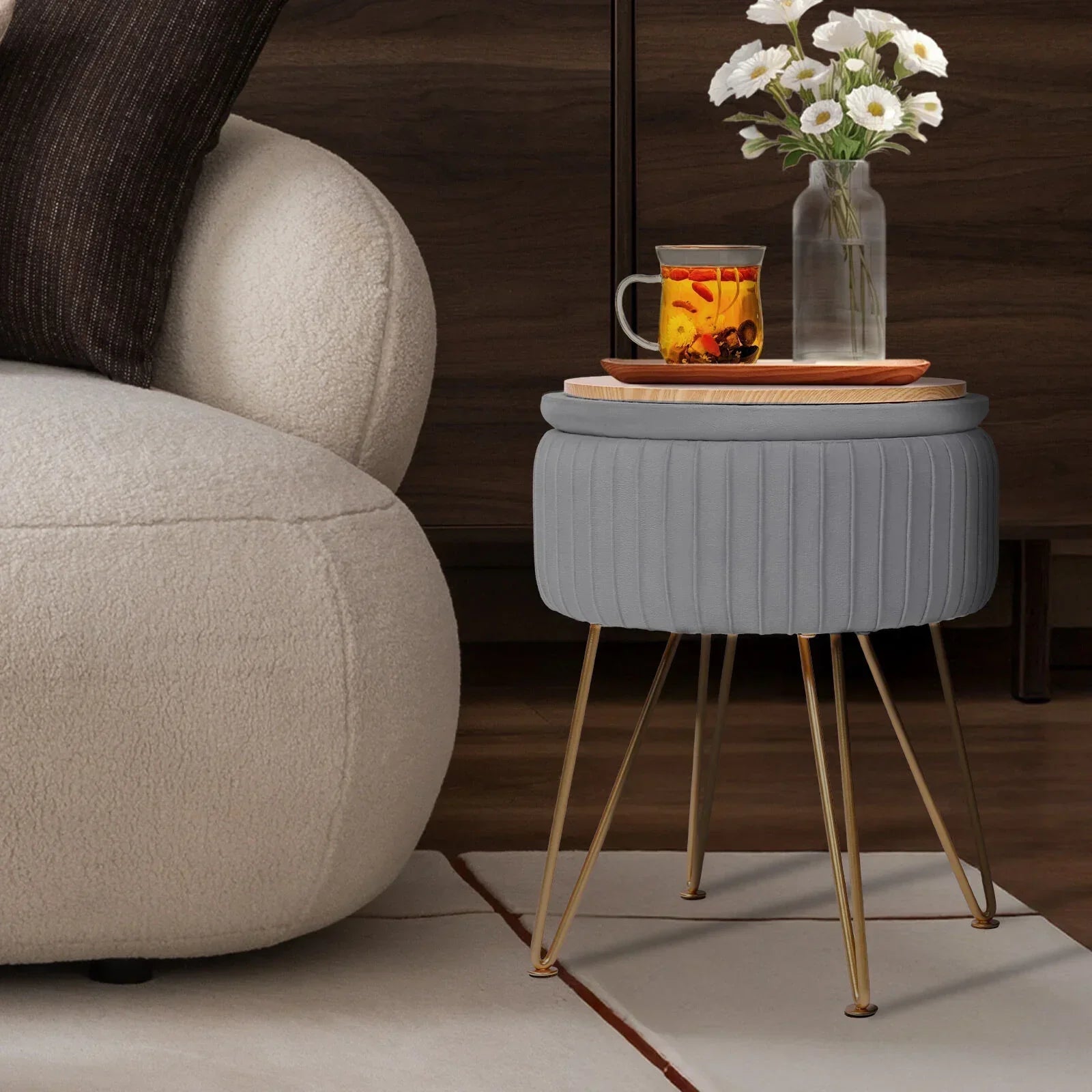 Side Table Storage Ottoman - Velvet Padded Stool Vanity Footstool REMY GREY