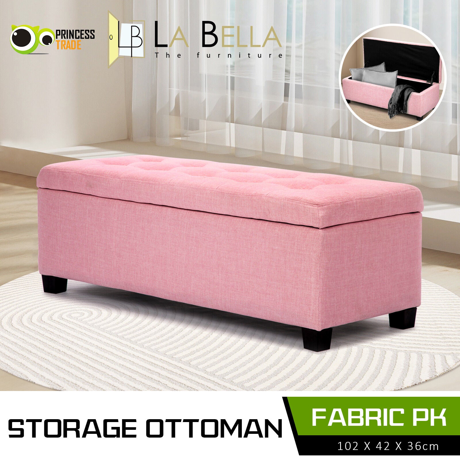 Storage Ottoman Stool 102cm Fabric PINK
