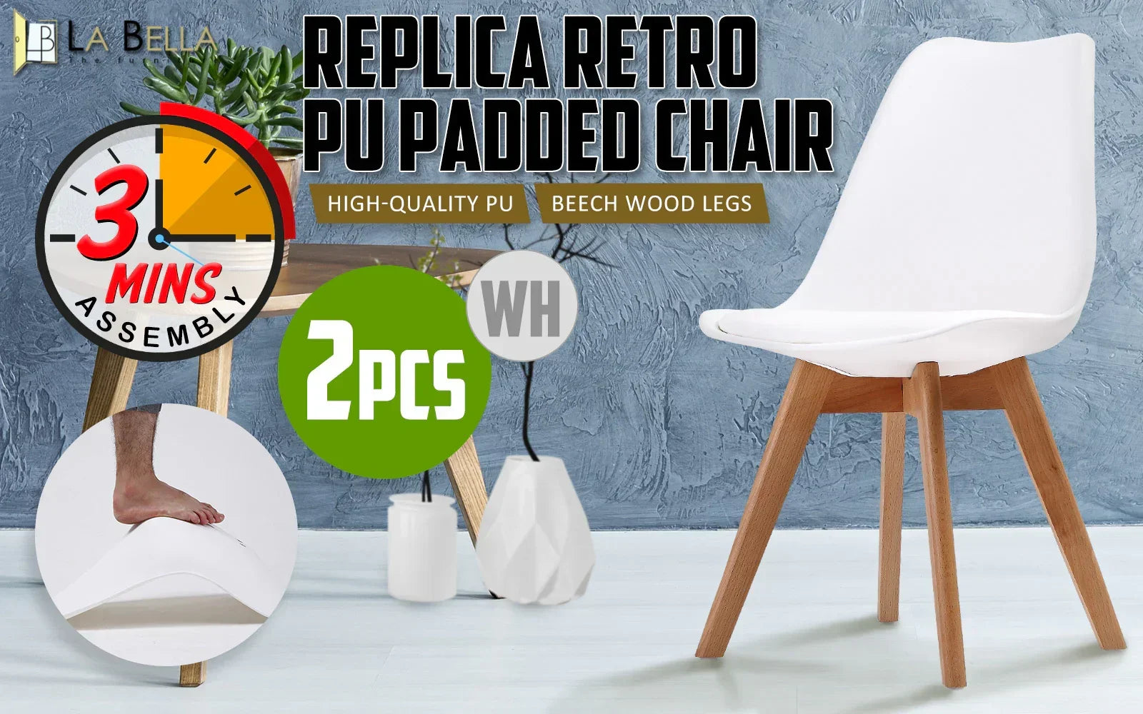 2X Retro Dining Cafe Chair Padded Seat WHITE