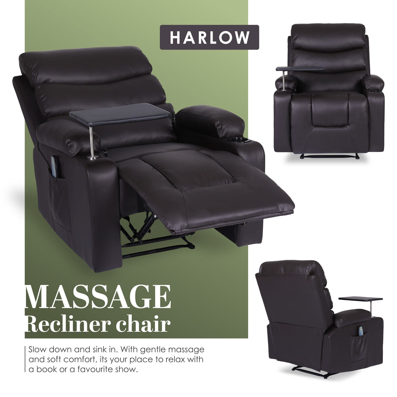 8-Point Electric Massage Recliner Chair - PU Leather Electric Lounge Sofa Armchair HARLOW BROWN