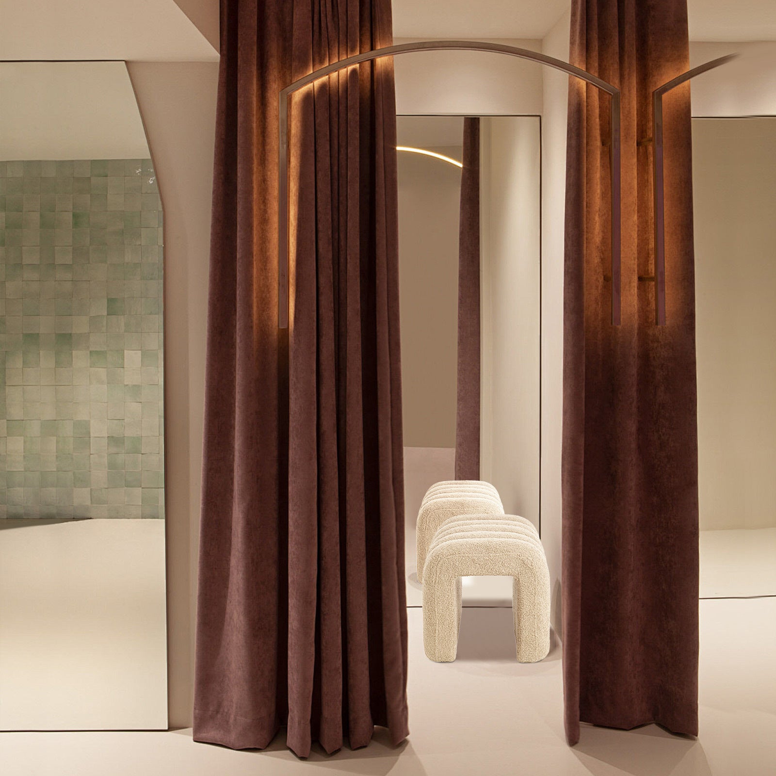 2X Ridge Arch Ottoman Stool Teddy Fleece Fabric Foot Rest 45cm BEIGE