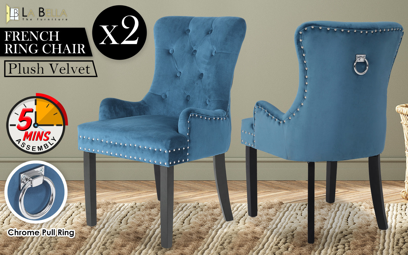 2X French Provincial Dining Chair Ring Studded Velvet Rubberwood Leg LISSE NAVY BLUE