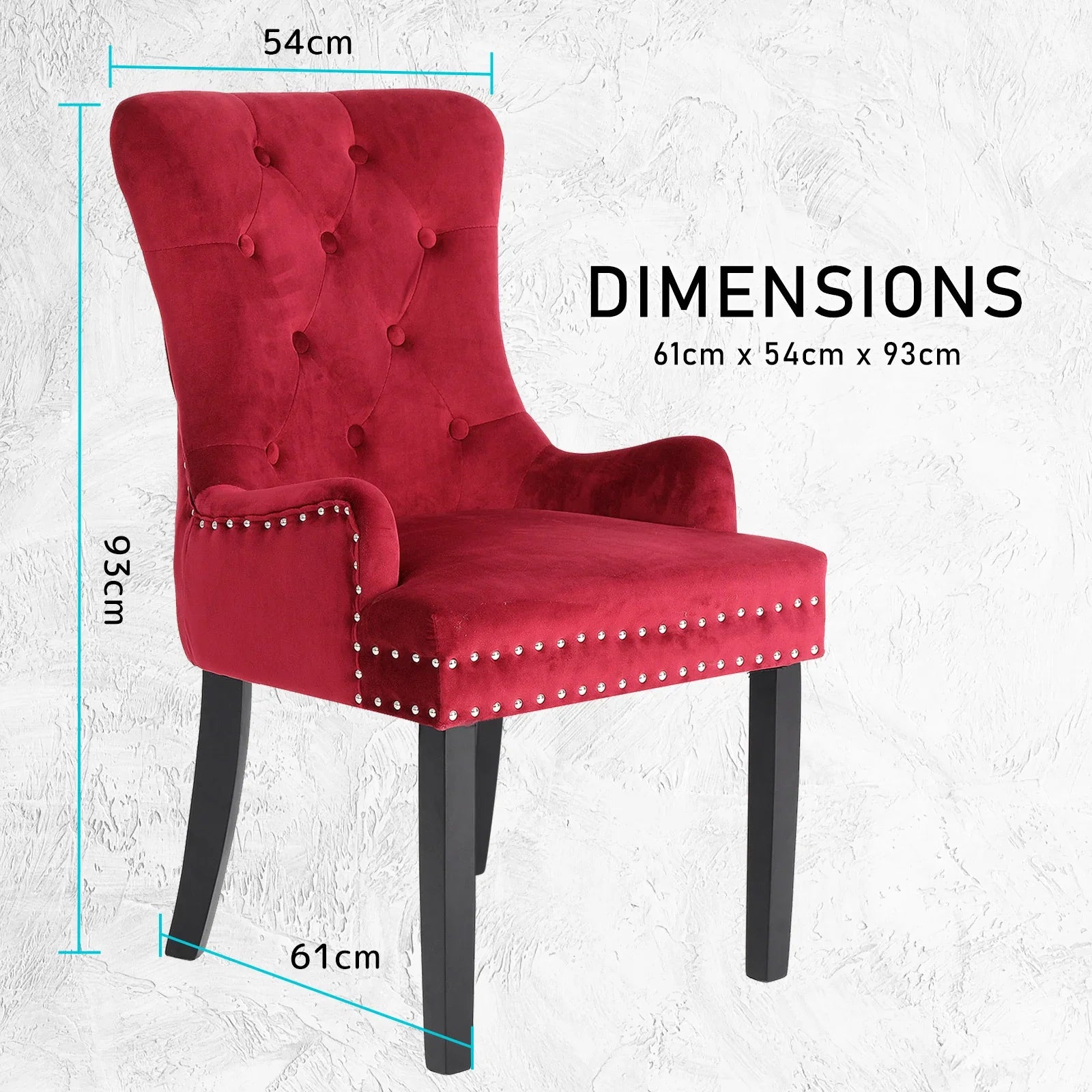 2X French Provincial Dining Chair Ring Studded Velvet Rubberwood Leg LISSE BORDEAUX RED