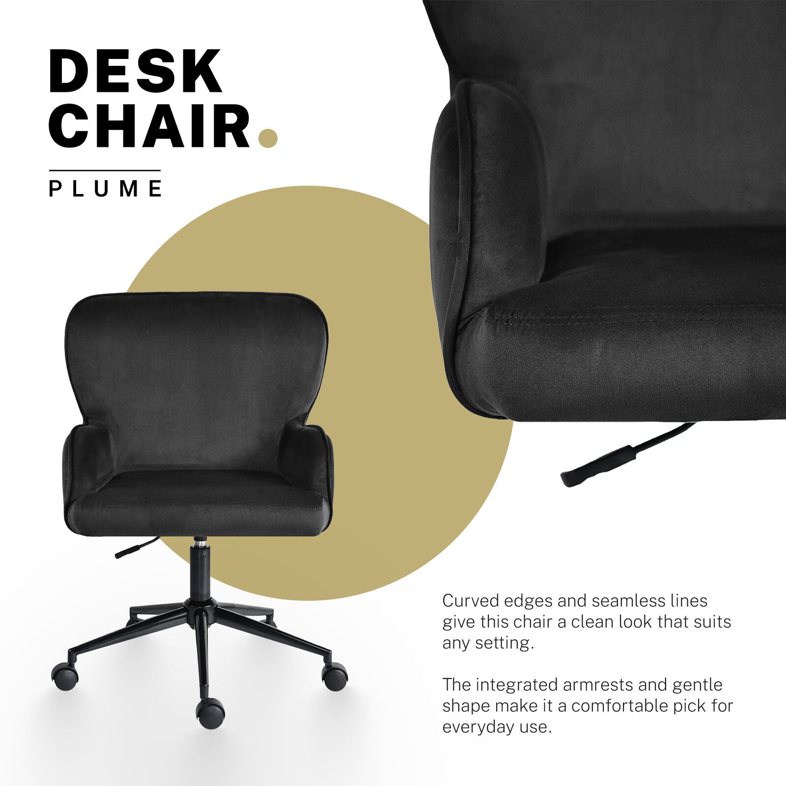 Desk Armchair - Home Office Swivel Chair Adjustable Height Seat PLUME BLACK