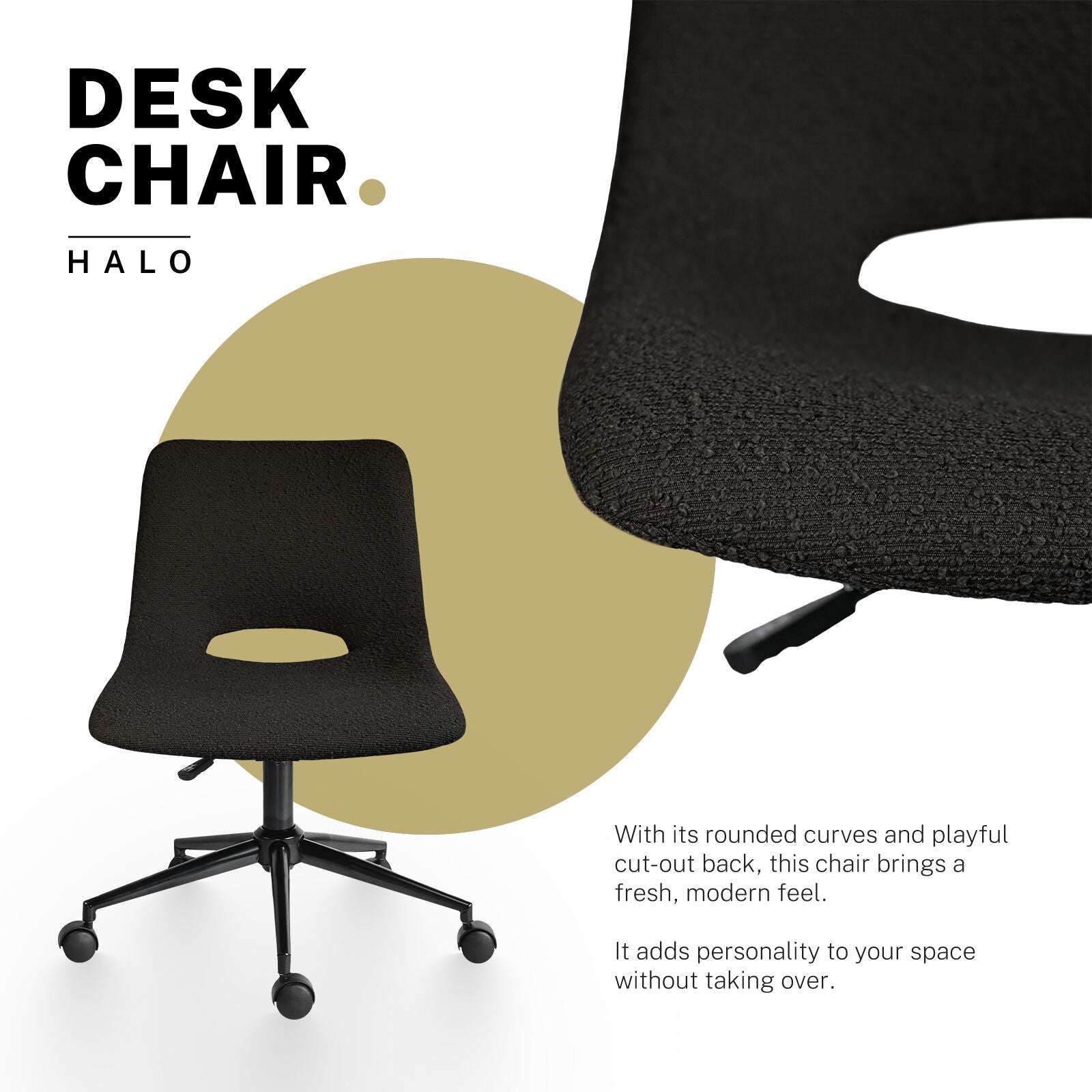 2 Set Office Desk Chair - Loop Yarn Fabric Home Swivel Chair Cut-Out Seat HALO BLACK
