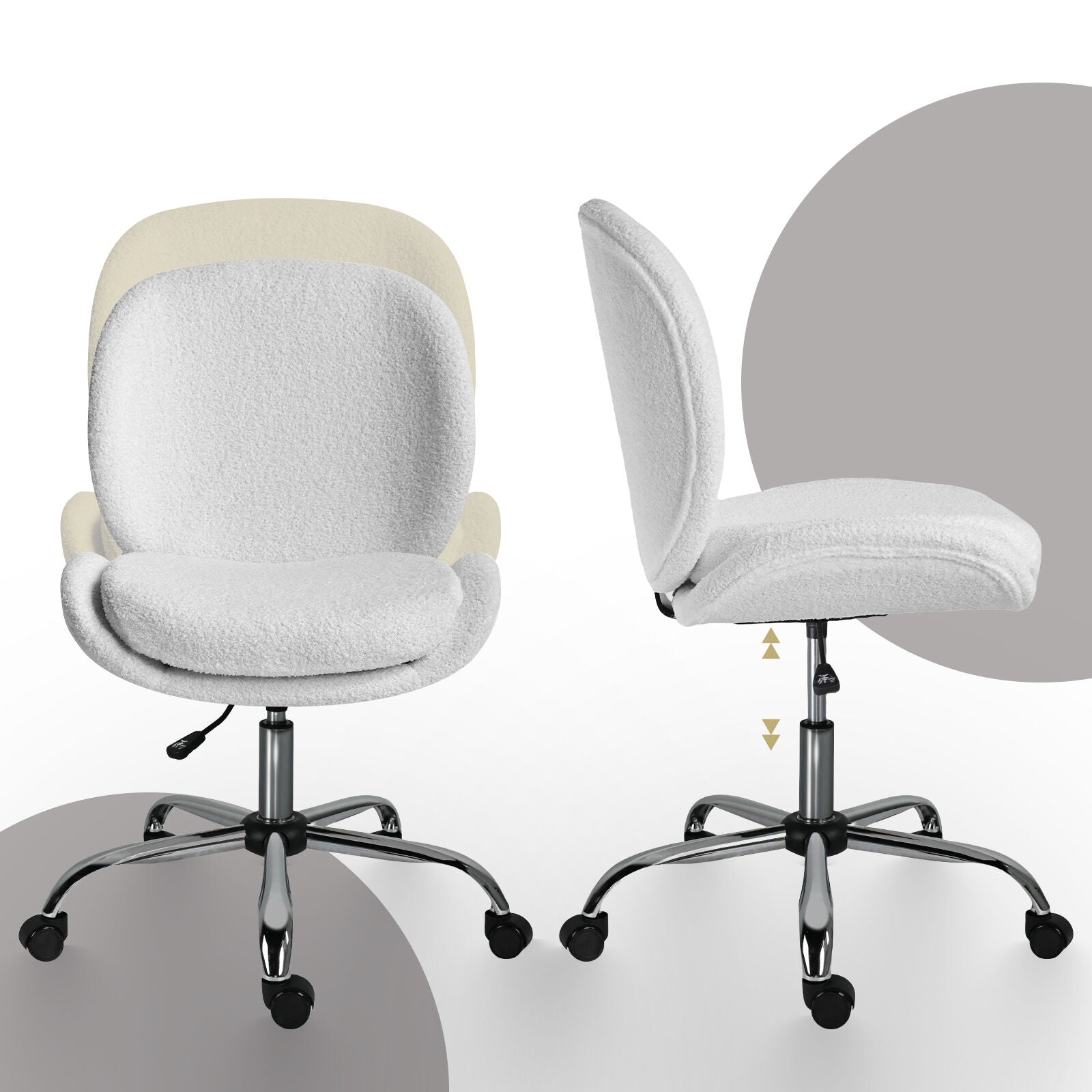 Office Desk Chair - Teddy Boucle Armless Swivel Study Seat OVOID WHITE