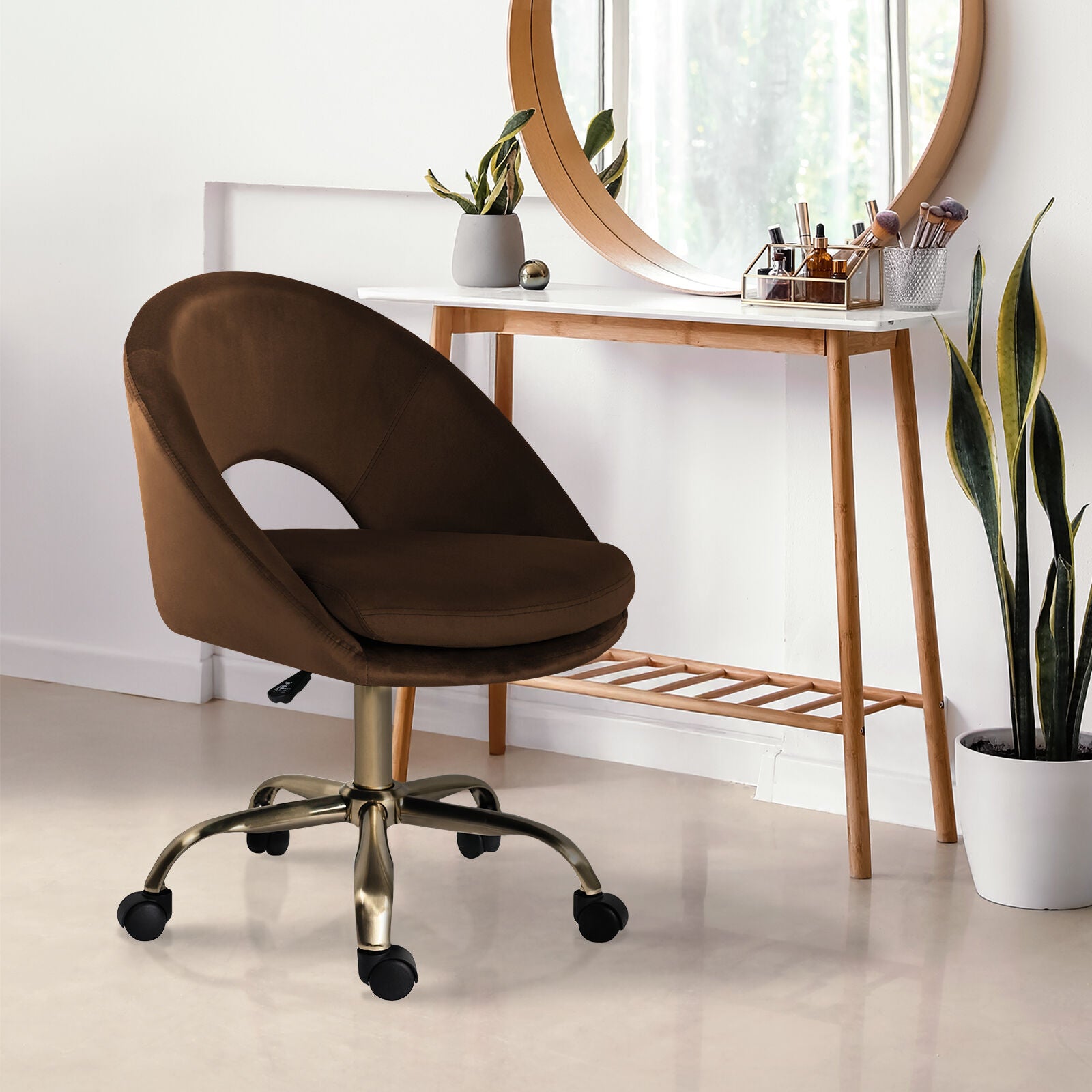 Office Desk Chair - Velvet Home Office Swivel Computer Seat COVE BROWN