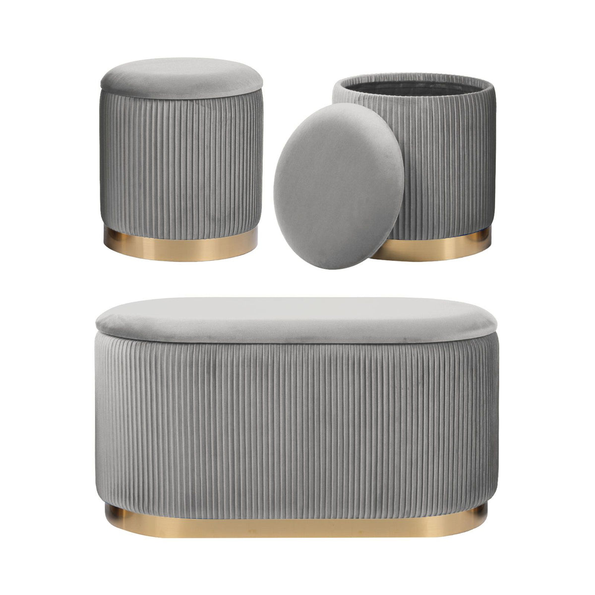 3pc Velvet Storage Ottoman Set Grey Blanket Box Padded Bench Stools Pack
