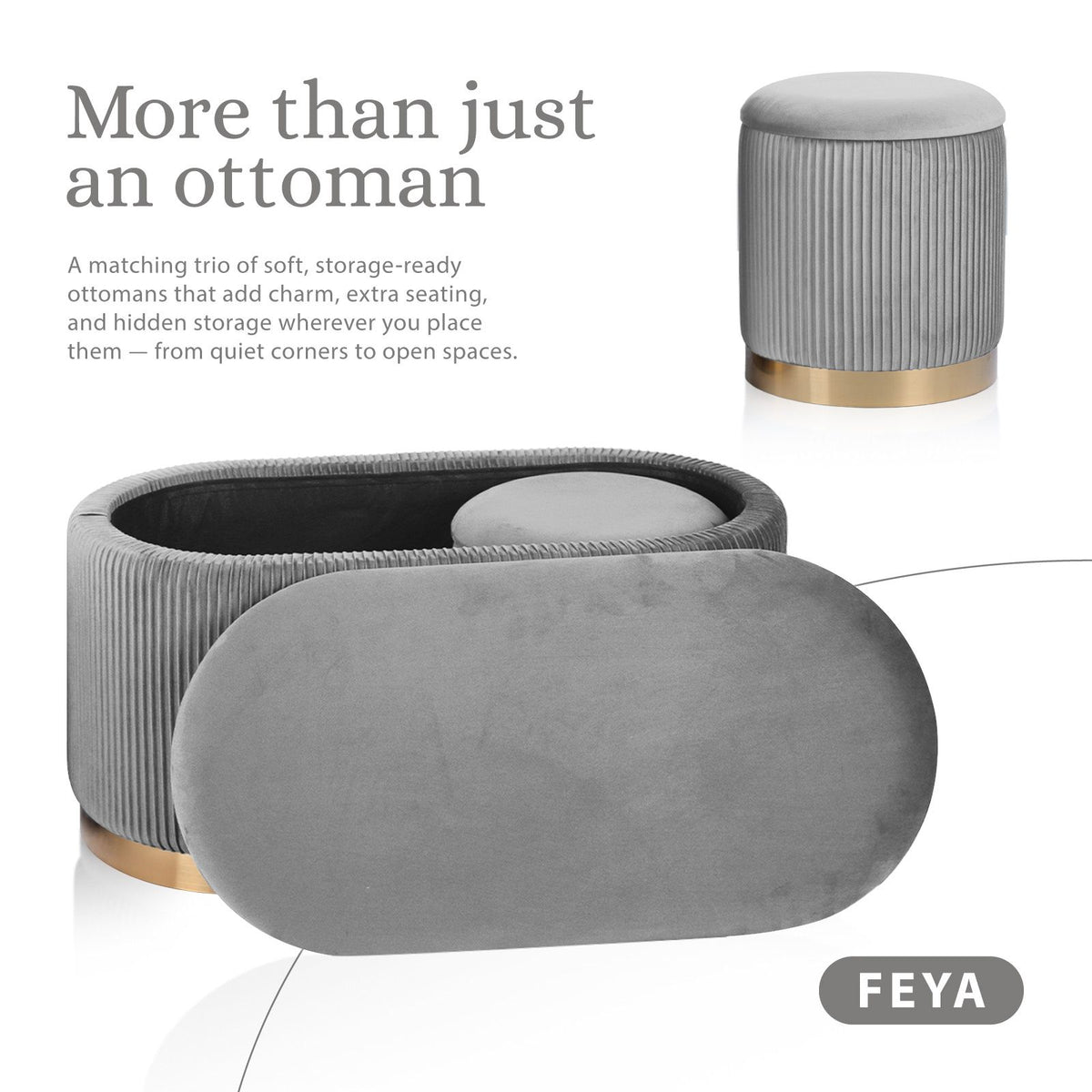 3pc Velvet Storage Ottoman Set Grey Blanket Box Padded Bench Stools Pack