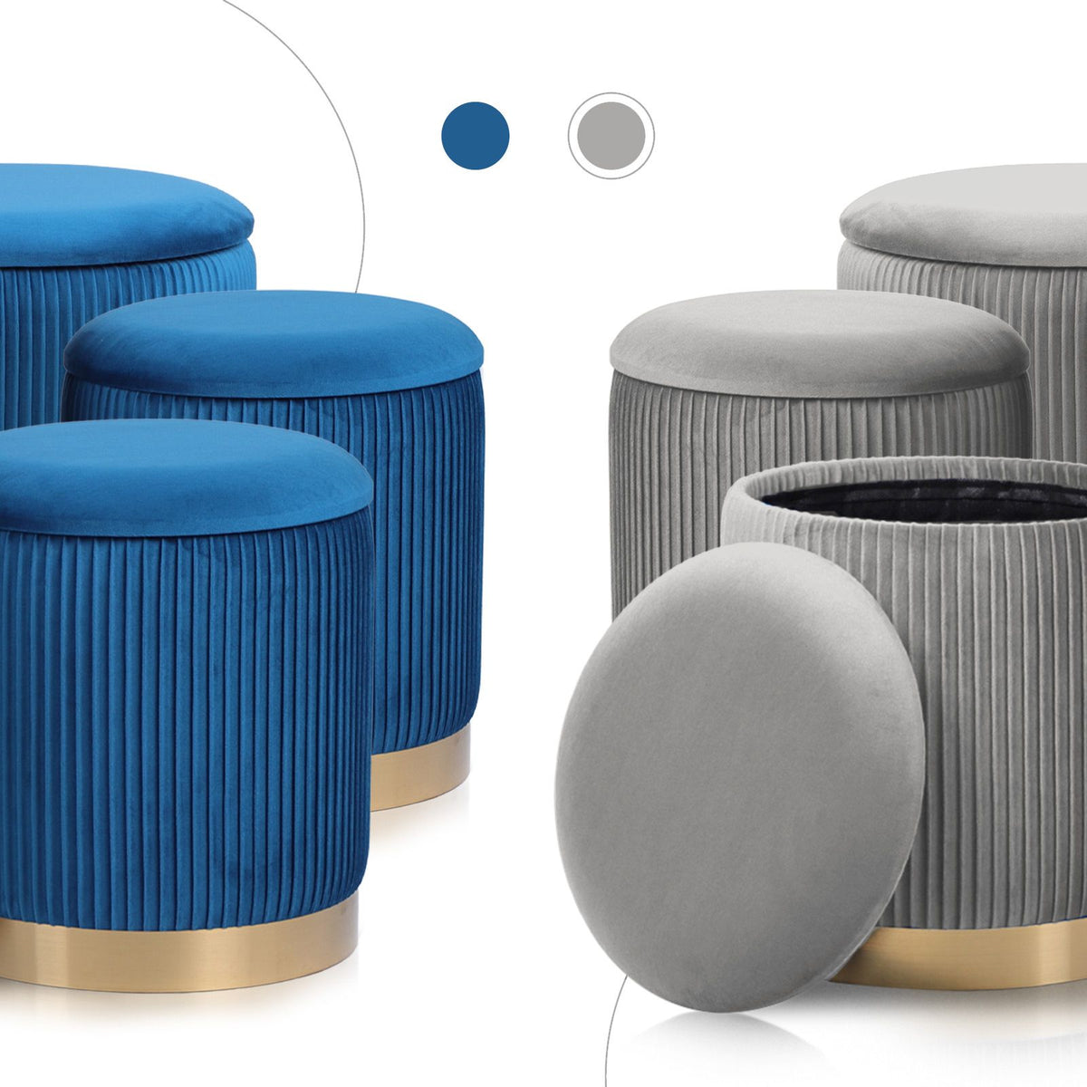 3pc Velvet Storage Ottoman Set Grey Blanket Box Padded Bench Stools Pack
