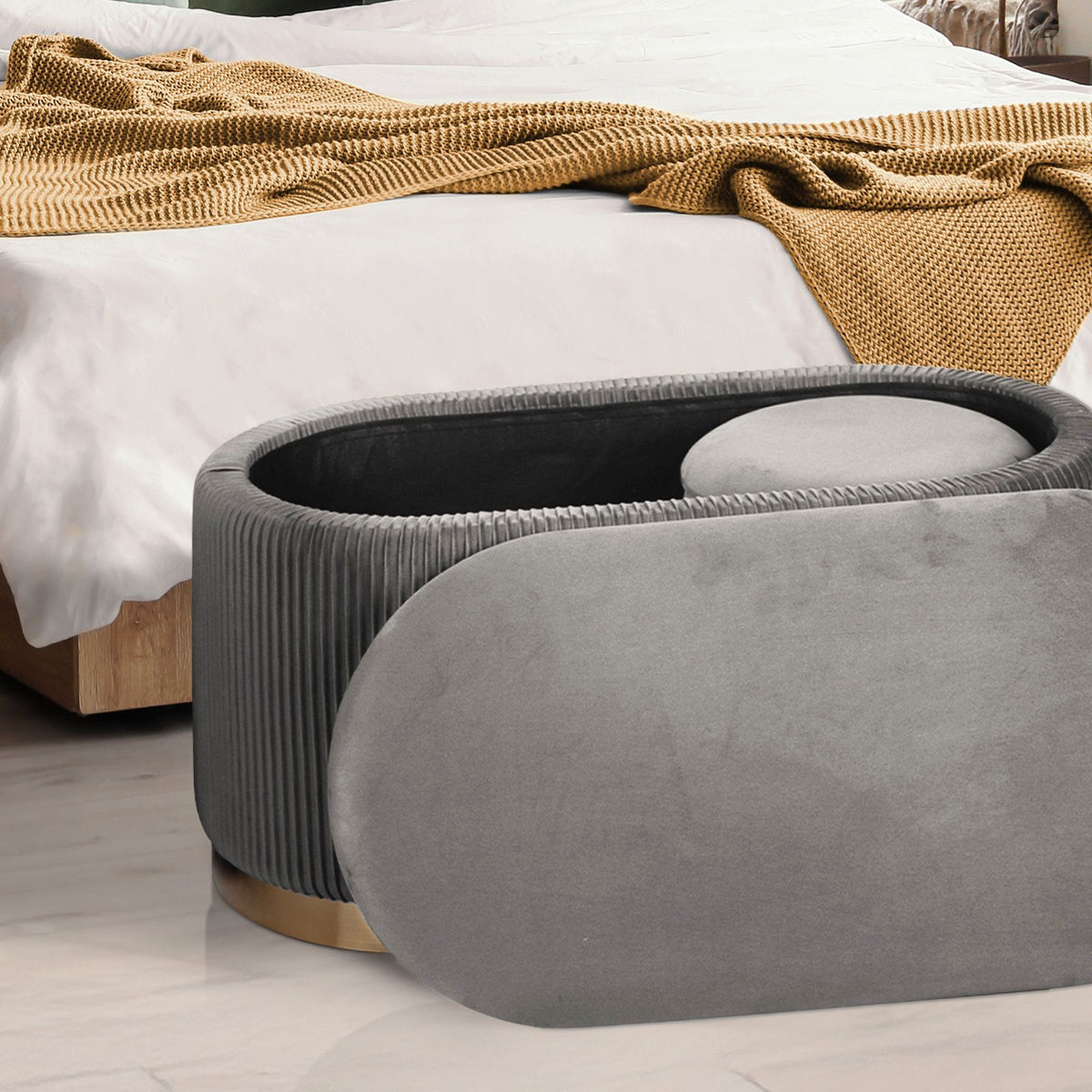 3pc Velvet Storage Ottoman Set Grey Blanket Box Padded Bench Stools Pack