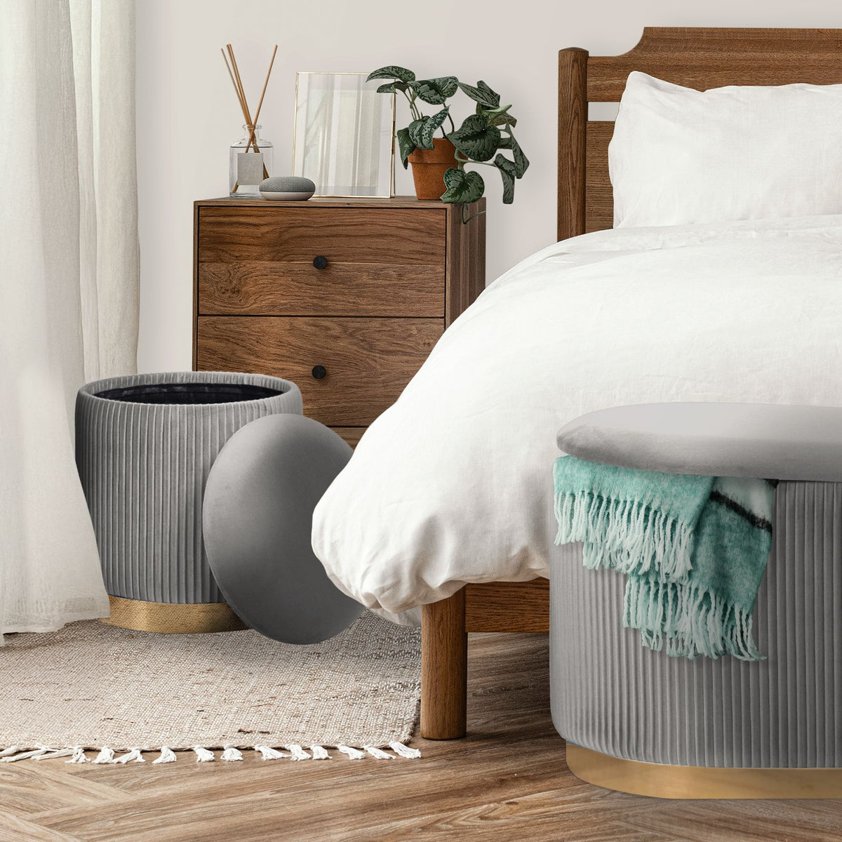 3pc Velvet Storage Ottoman Set Grey Blanket Box Padded Bench Stools Pack