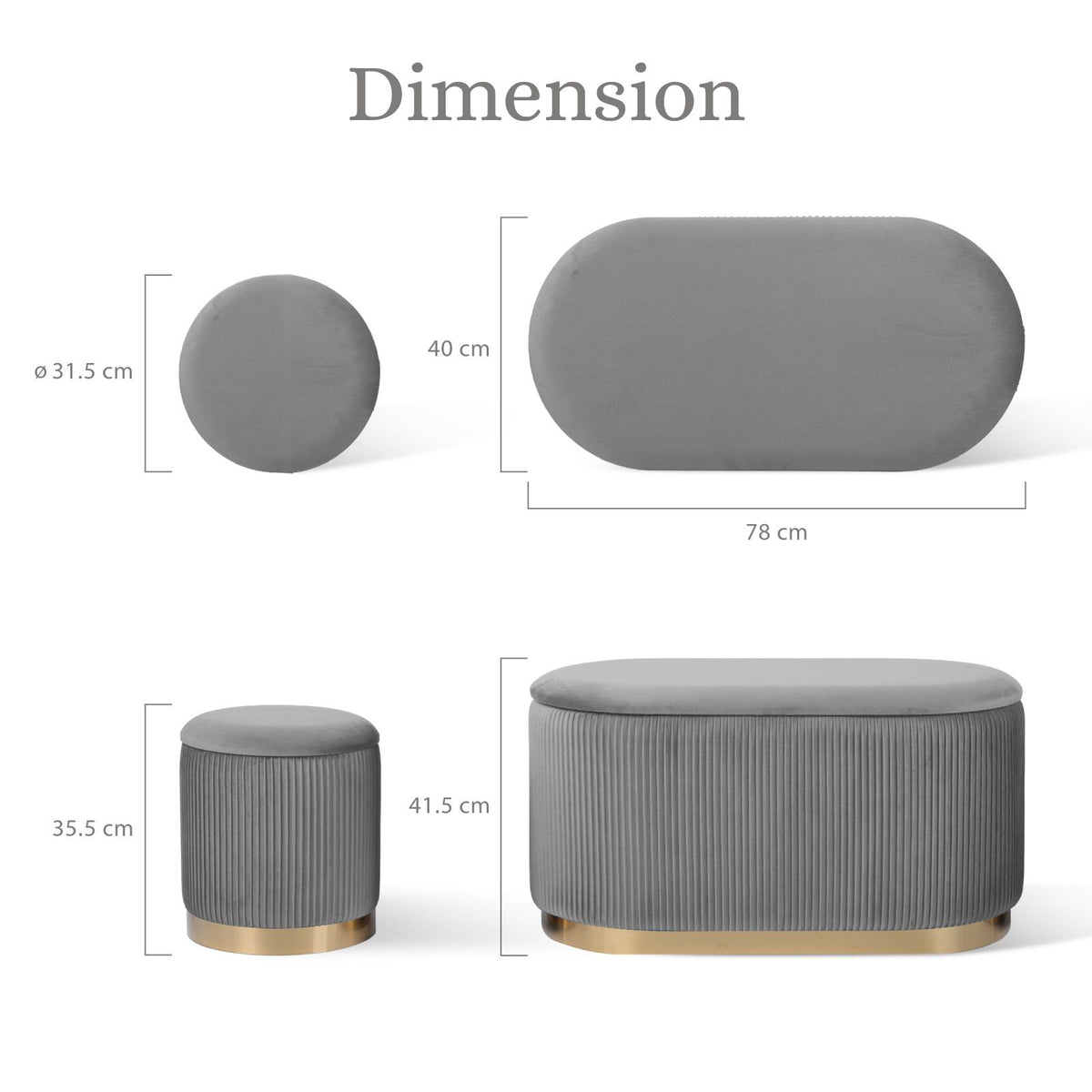 3pc Velvet Storage Ottoman Set Grey Blanket Box Padded Bench Stools Pack