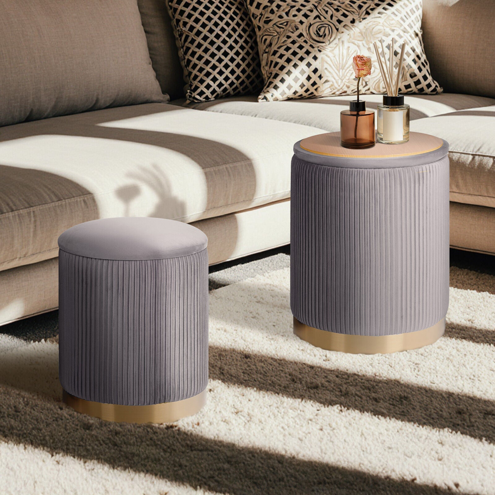 2X Side Table Storage Ottoman - Velvet Stool MIRA Grey