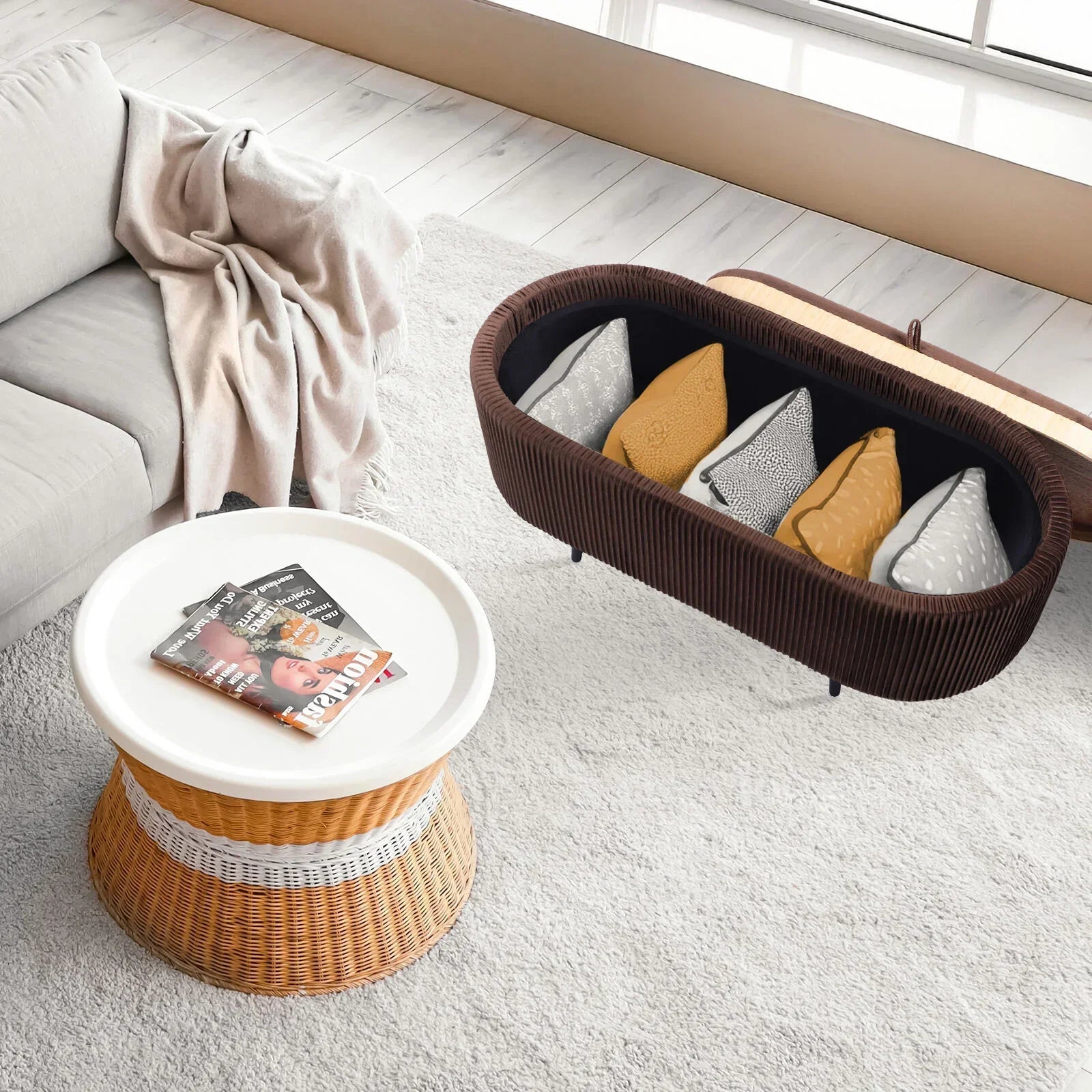 Coffee Table Storage Ottoman - Velvet Padded Blanket Box Bench IRENE BROWN