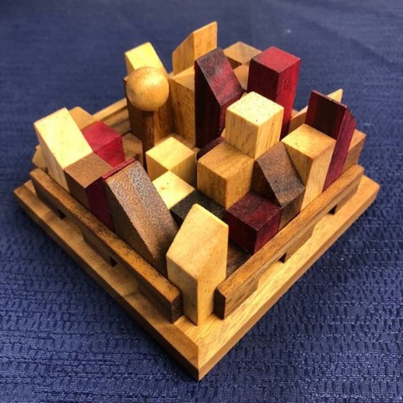 City Planner brain teaser puzzle, wood, handmade 3D puzzle-remove shapes and try rebuild your city