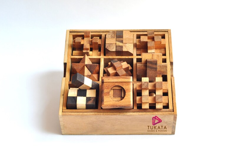 Mothers day gift Wooden brain teaser puzzle gift box - 9 individual mechanical puzzle set in own box