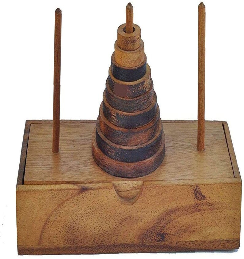 Pagoda 9 ring brain teaser puzzle, wood, handmade 3D puzzle-arrange rings on end column to solve