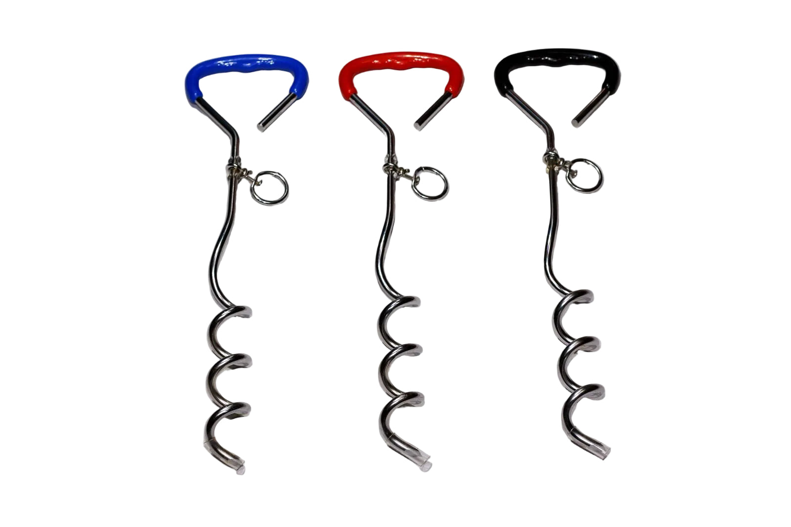 Three corkscrews with colored handles on a white background
