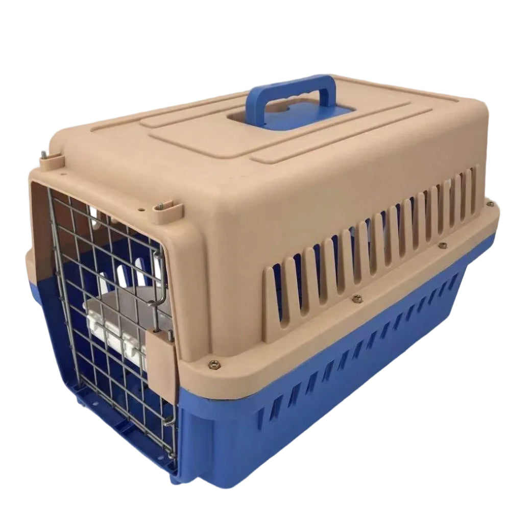 Pet carrier with beige top and blue sides on a white background