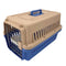Pet carrier with beige top and blue sides on a white background