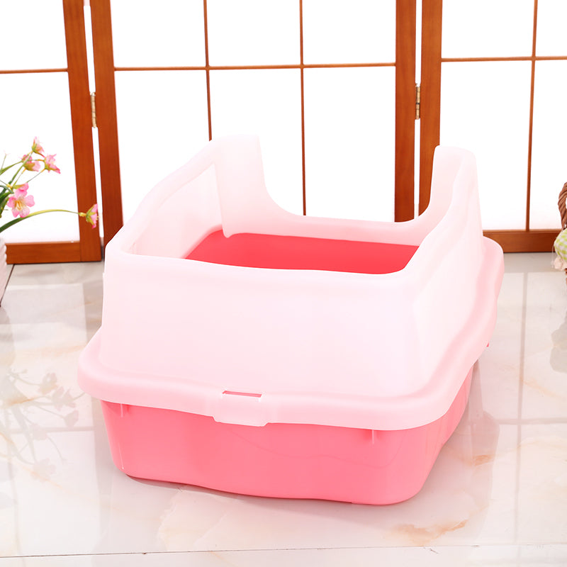 Large Deep Cat Kitty Litter Tray High Wall Pet Toilet Grid Tray With Scoop Pink