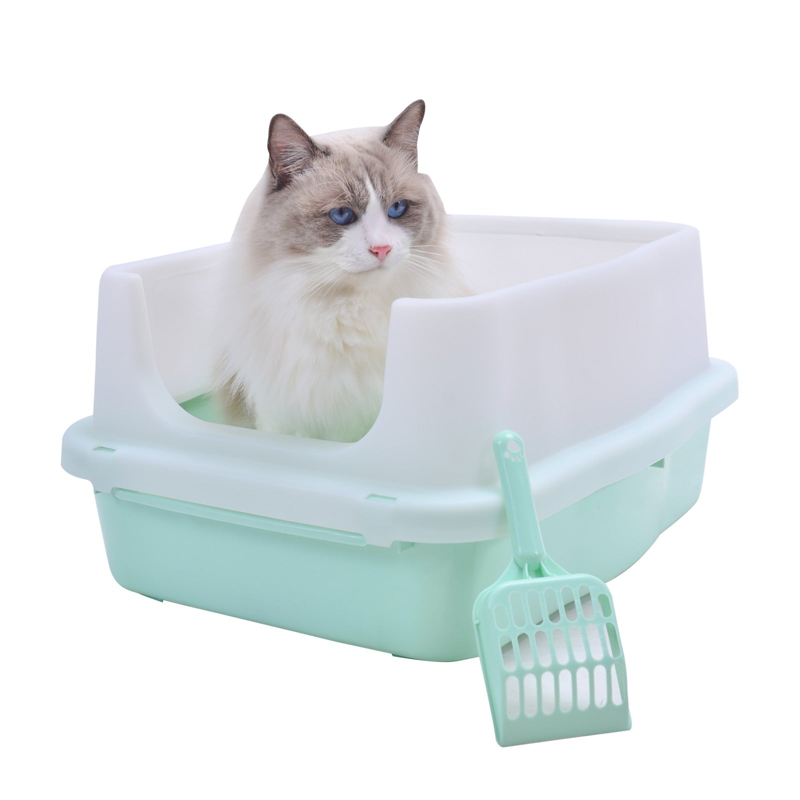 Large Deep Cat Kitty Litter Tray High Wall Pet Toilet Tray With Scoop Green