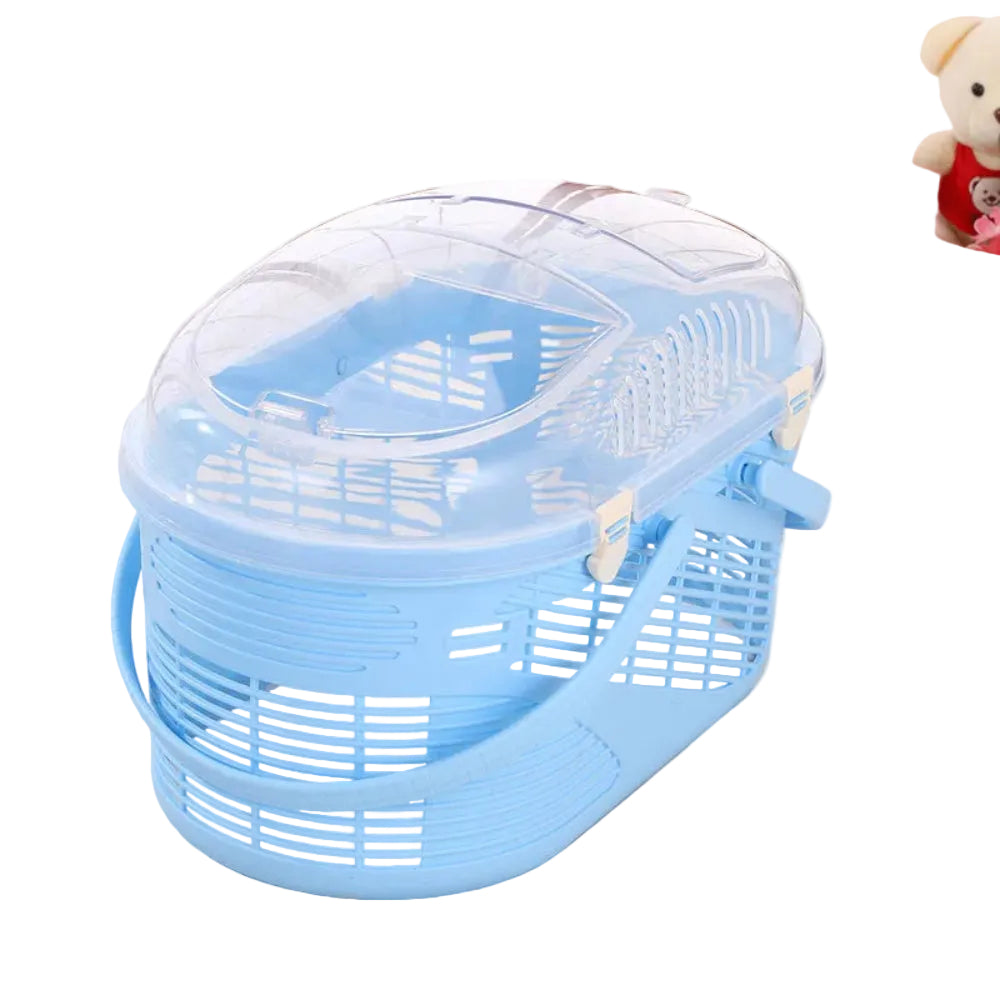 Blue plastic basket with a transparent lid on a light surface.